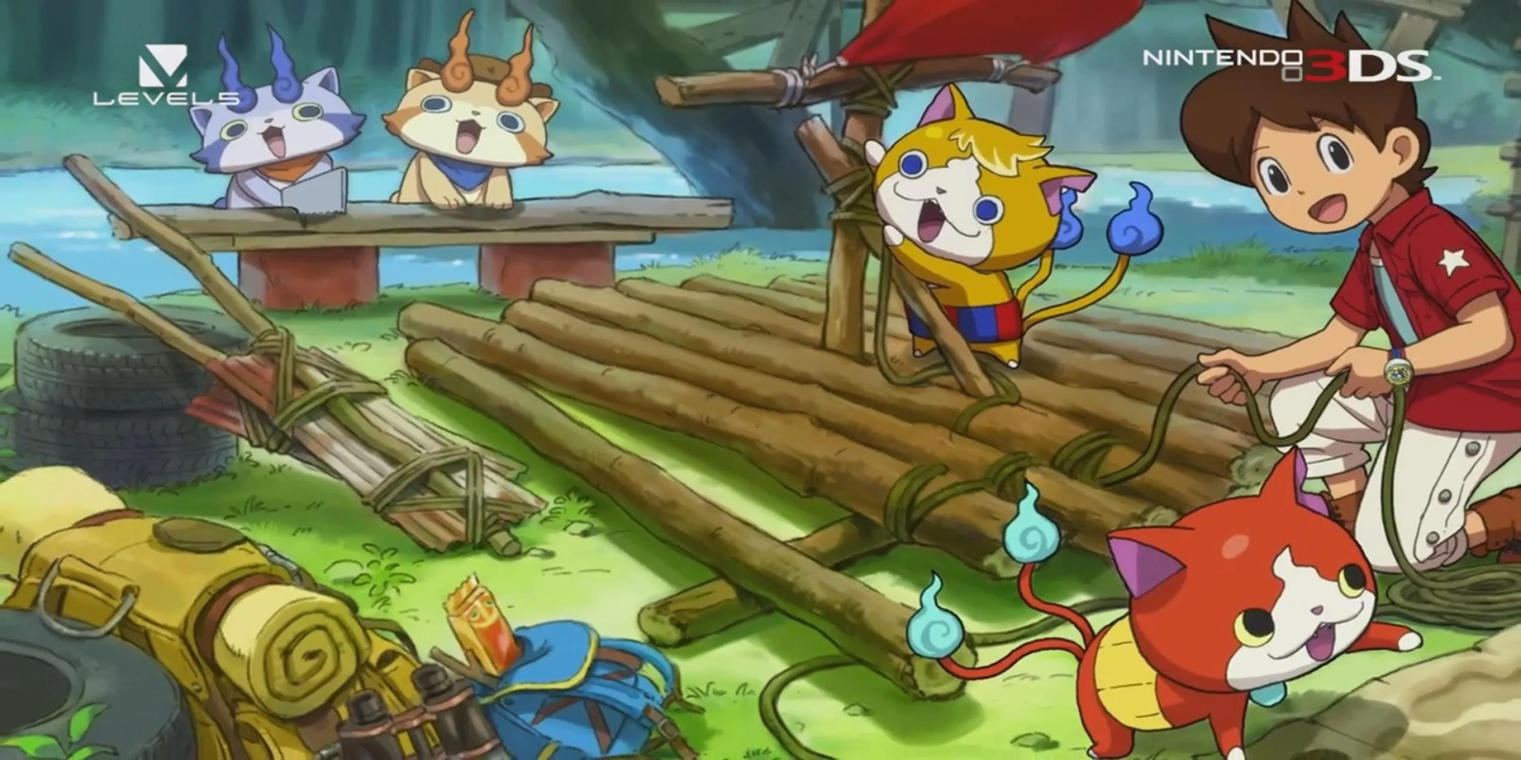 Nhân vật chính xây bè cùng mèo con trong Yo-kai Watch 3, thể hiện sự đa dạng hoạt động