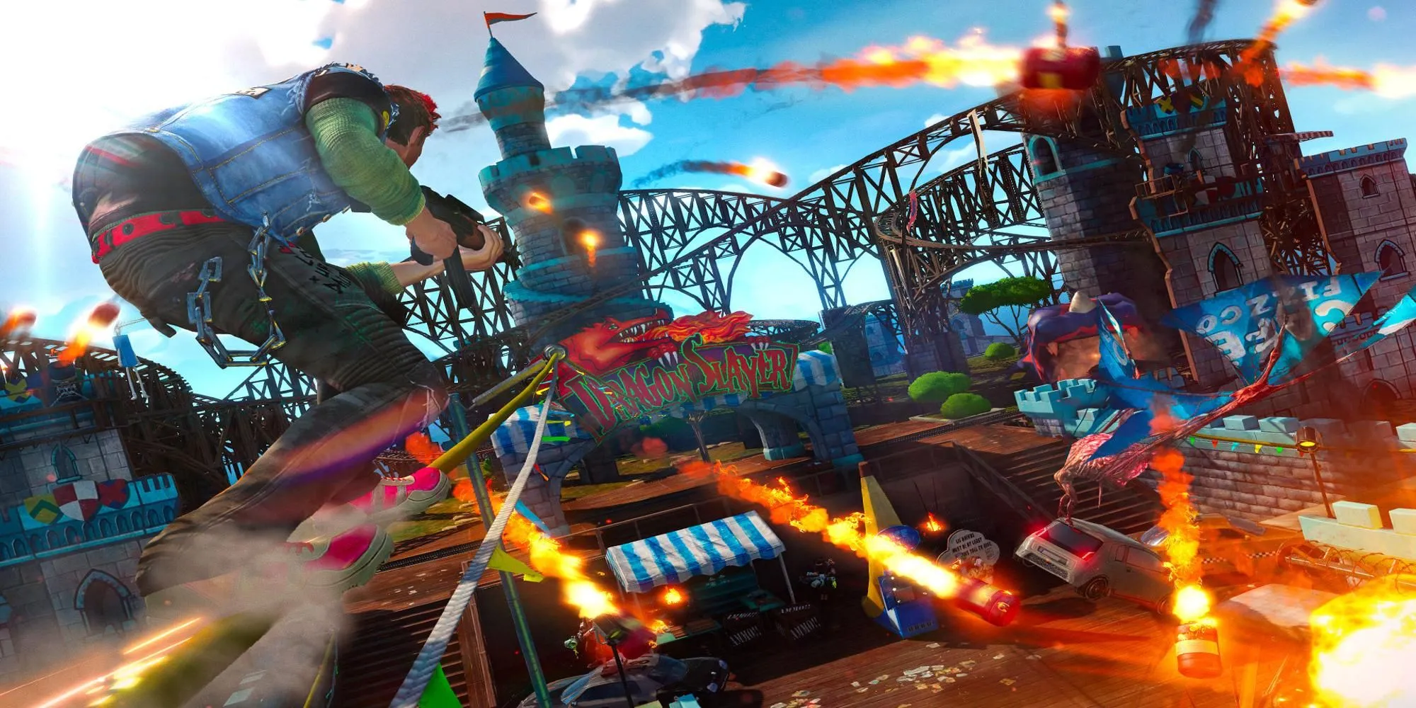 Nhân vật đang trượt ván trên đường ray và bắn súng trong thế giới đầy màu sắc của Sunset Overdrive