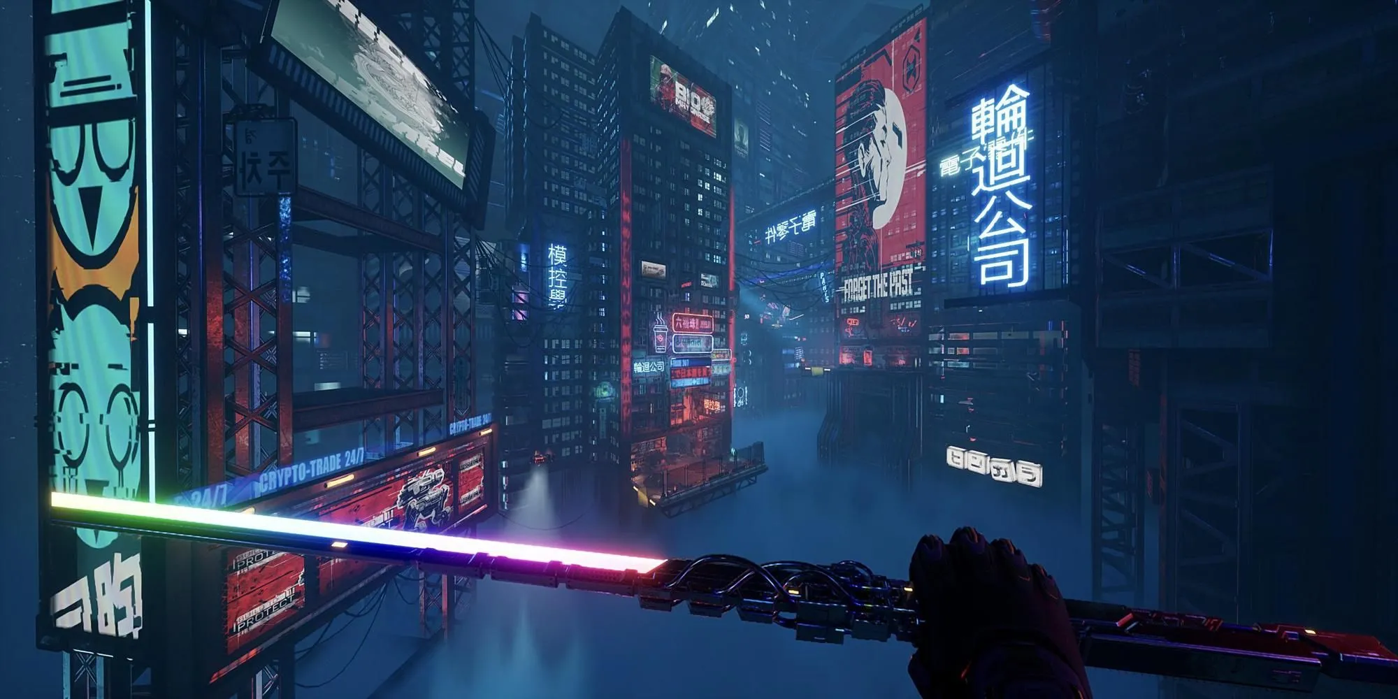 Nhân vật Jack trong Ghostrunner sẵn sàng chiến đấu với thanh katana giữa thành phố cyberpunk