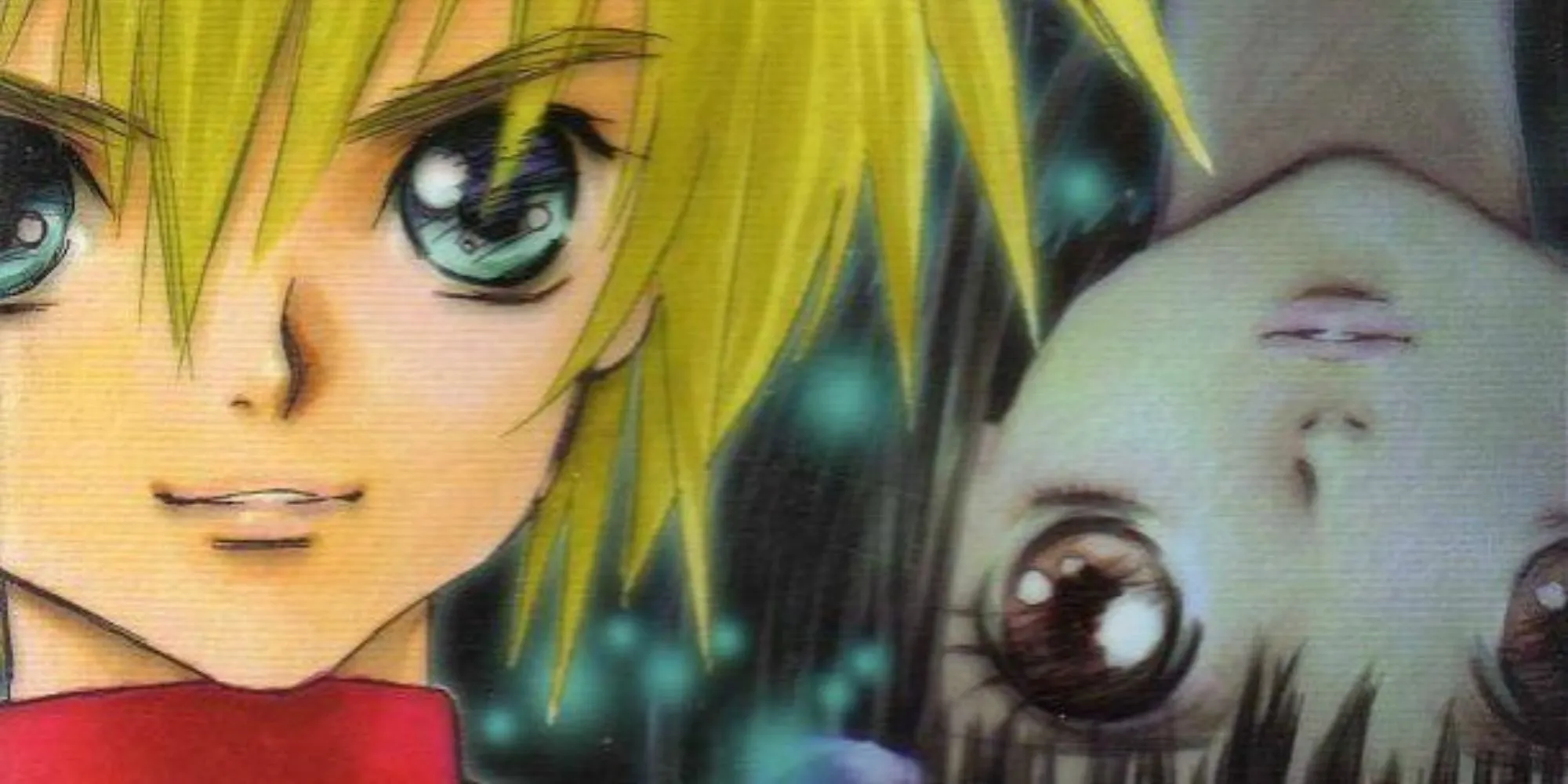Nhân vật Kyle từ Tales Of Destiny 2, cùng một nhân vật khác lộn ngược ở hậu cảnh.
