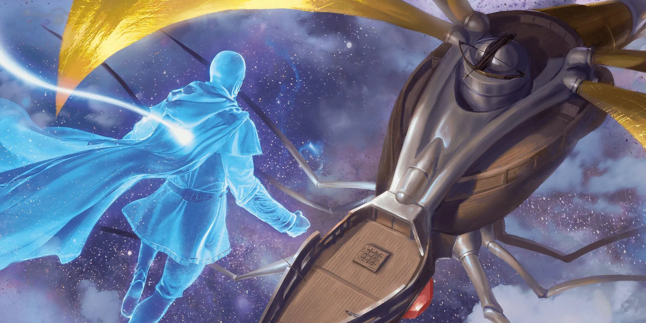 Nhân vật người chơi sử dụng Astral Projection bay lơ lửng trên con tàu Spelljamming, thể hiện khả năng vượt qua trọng lực trong D&amp;D.