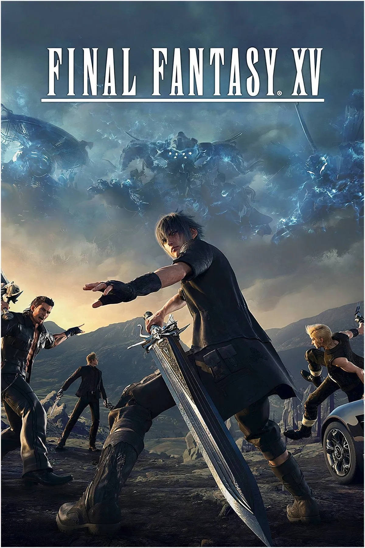 Nhân vật Noctis và những người bạn trong Final Fantasy XV ngồi bên chiếc xe Regalia