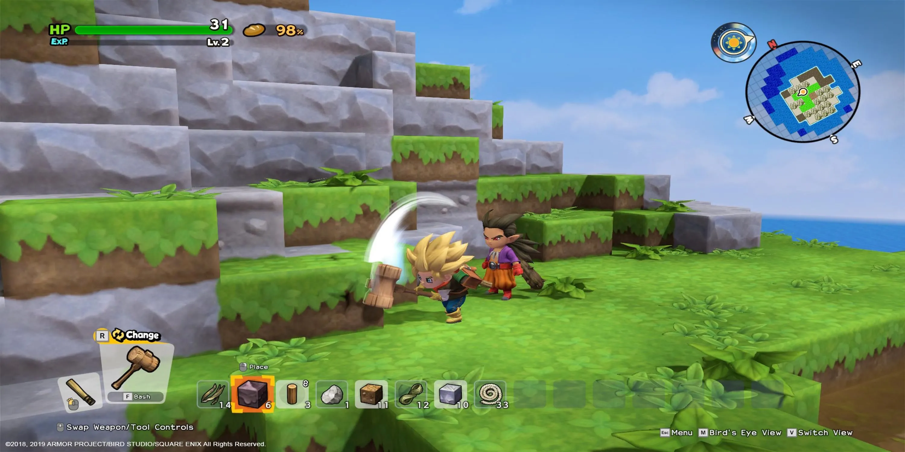 Nhân vật sử dụng búa để xây dựng trong thế giới khối của Dragon Quest Builders 2