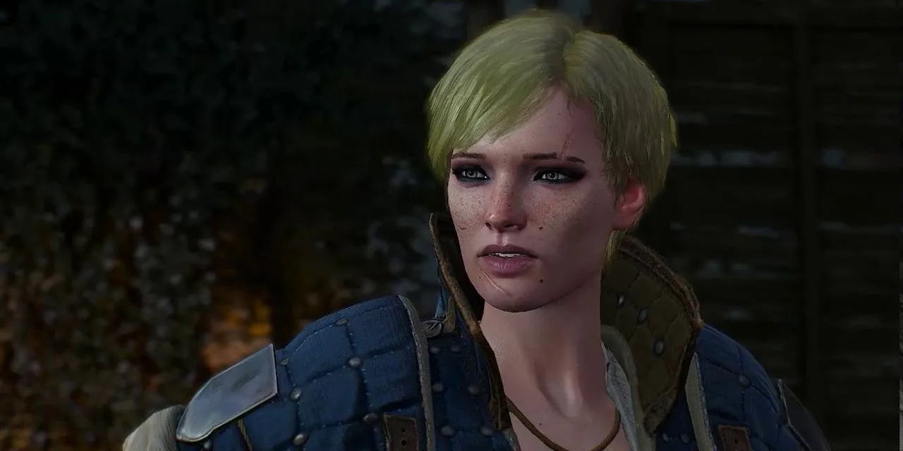 Nhân vật Ves nhìn sang trái màn hình trong The Witcher 3, liên quan đến các nhiệm vụ phòng thủ nơi người chơi phải bảo vệ đồng minh.