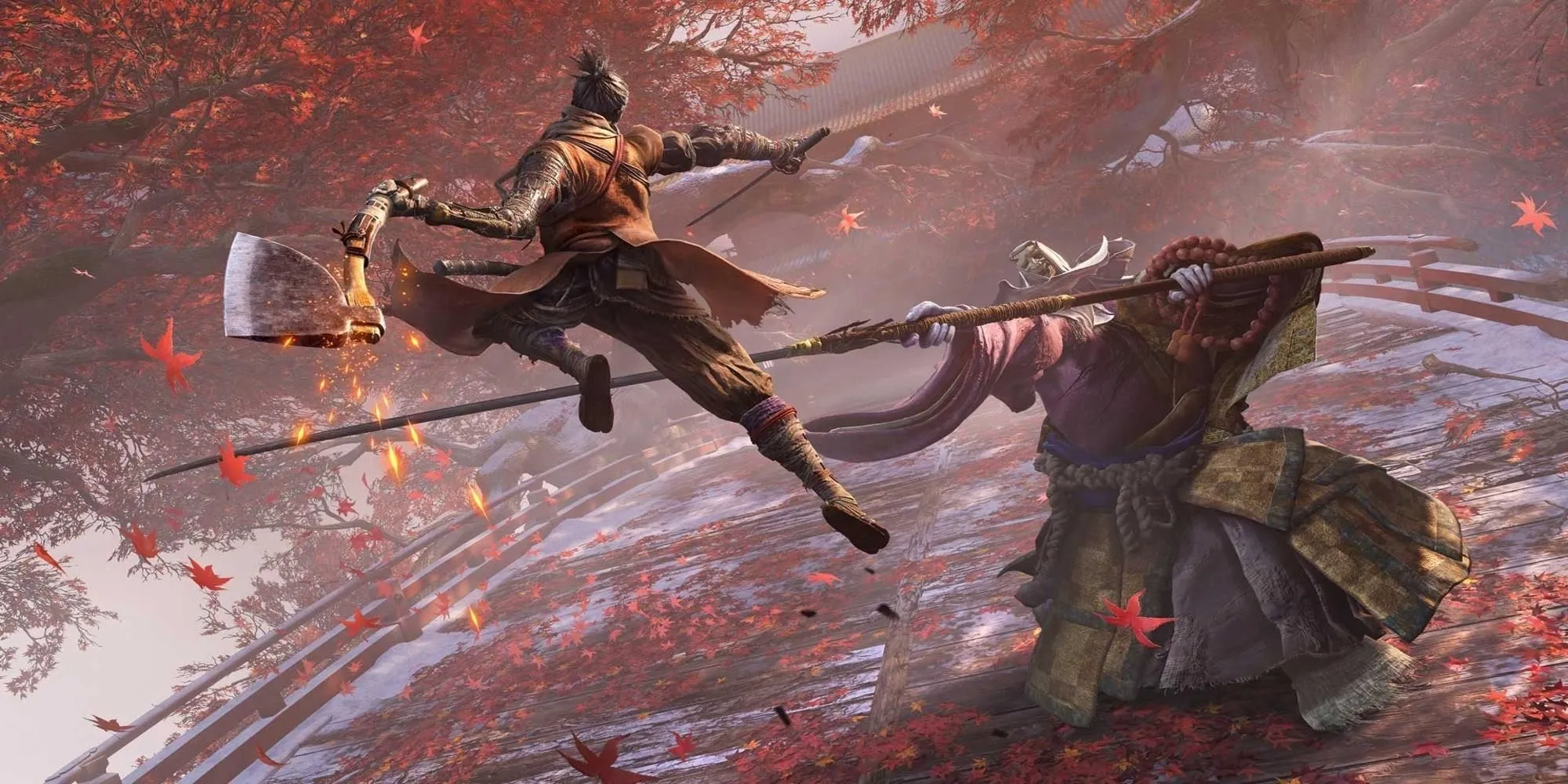 Nhân vật Wolf đang giao chiến quyết liệt với True Corrupted Monk trong Sekiro: Shadows Die Twice