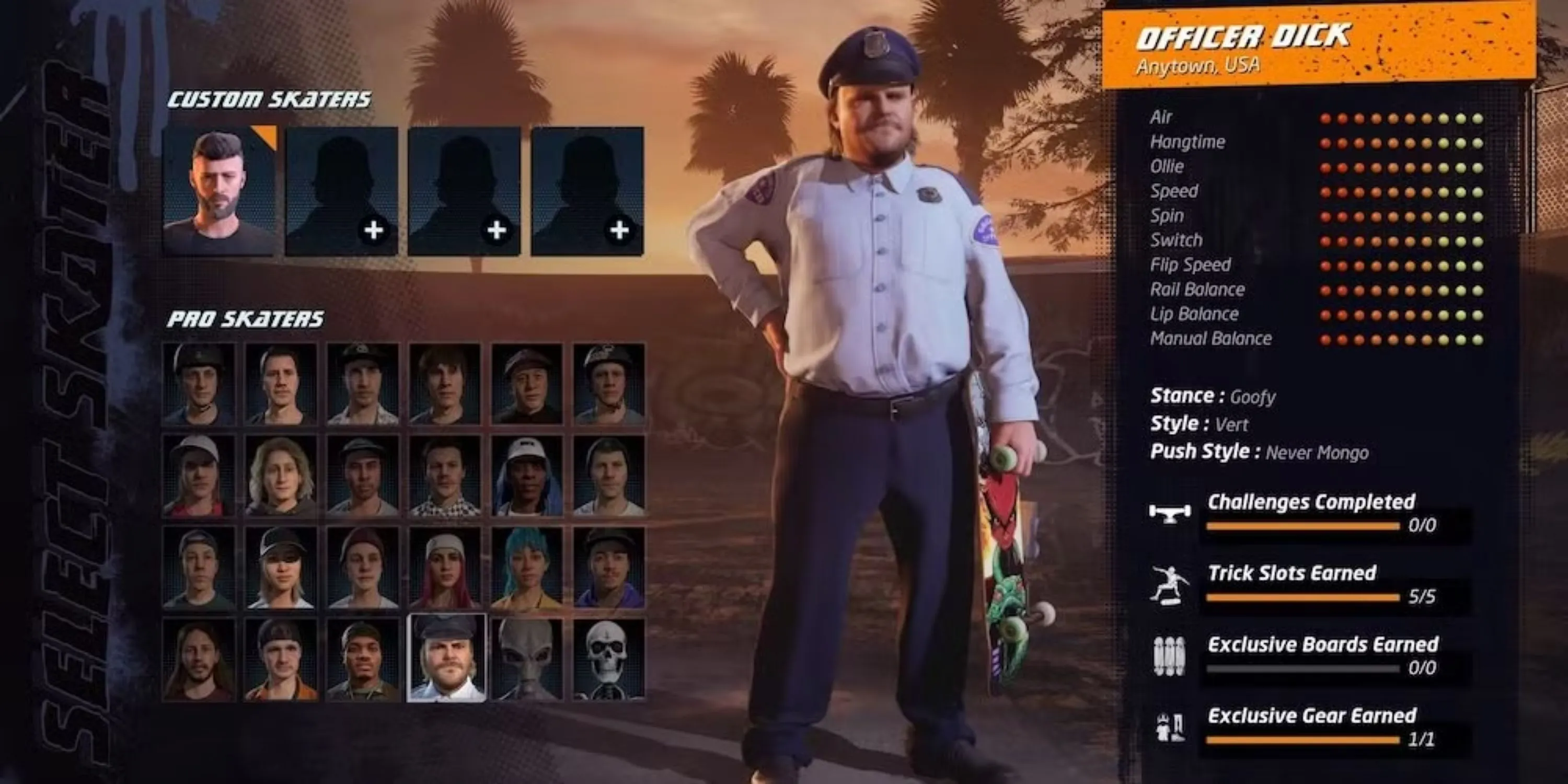 Officer Dick trên màn hình chọn nhân vật của Tony Hawk's Pro Skater 1+2