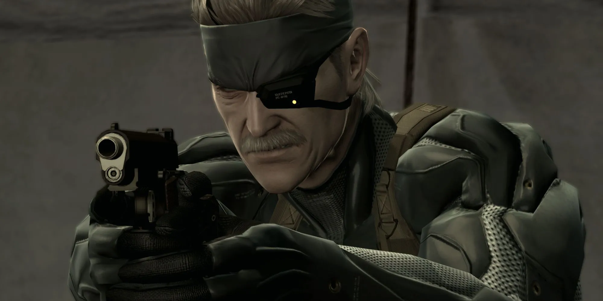 Old Snake ngắm bắn bằng súng trong Metal Gear Solid 4: Guns of the Patriots, một tựa game nổi tiếng với các cutscene dài và cốt truyện sâu sắc