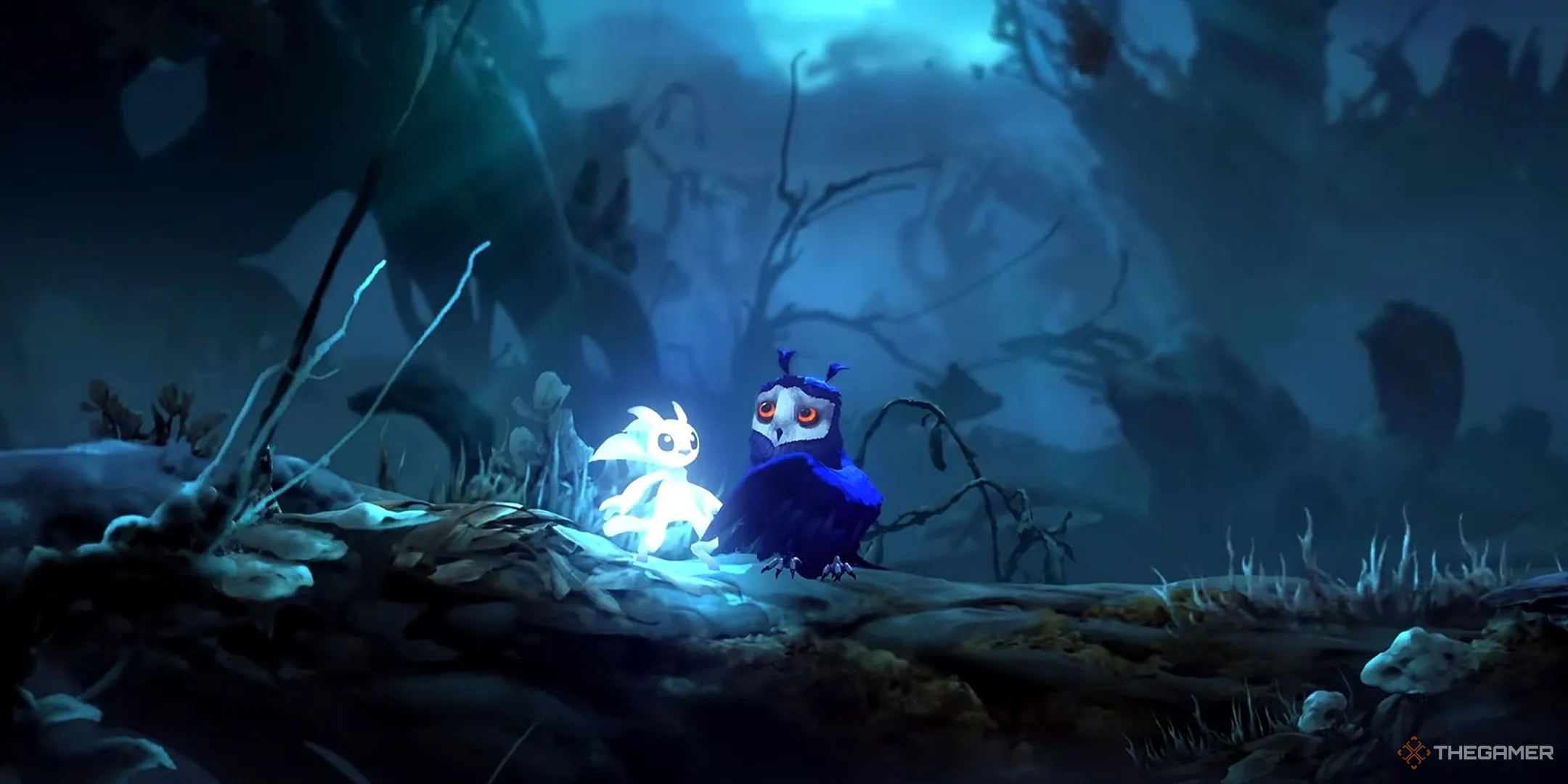 Ori và Ku trong khoảnh khắc cảm động trong tựa game Ori and the Will of the Wisps, minh họa tình bạn thiêng liêng và sự hy sinh đáng tiếc.