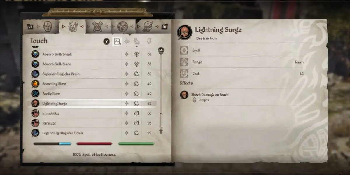 Phép Lightning Surge, một phép hệ Shock cận chiến cực mạnh trong Oblivion Remastered, gây sát thương sét lớn chỉ với một chạm.