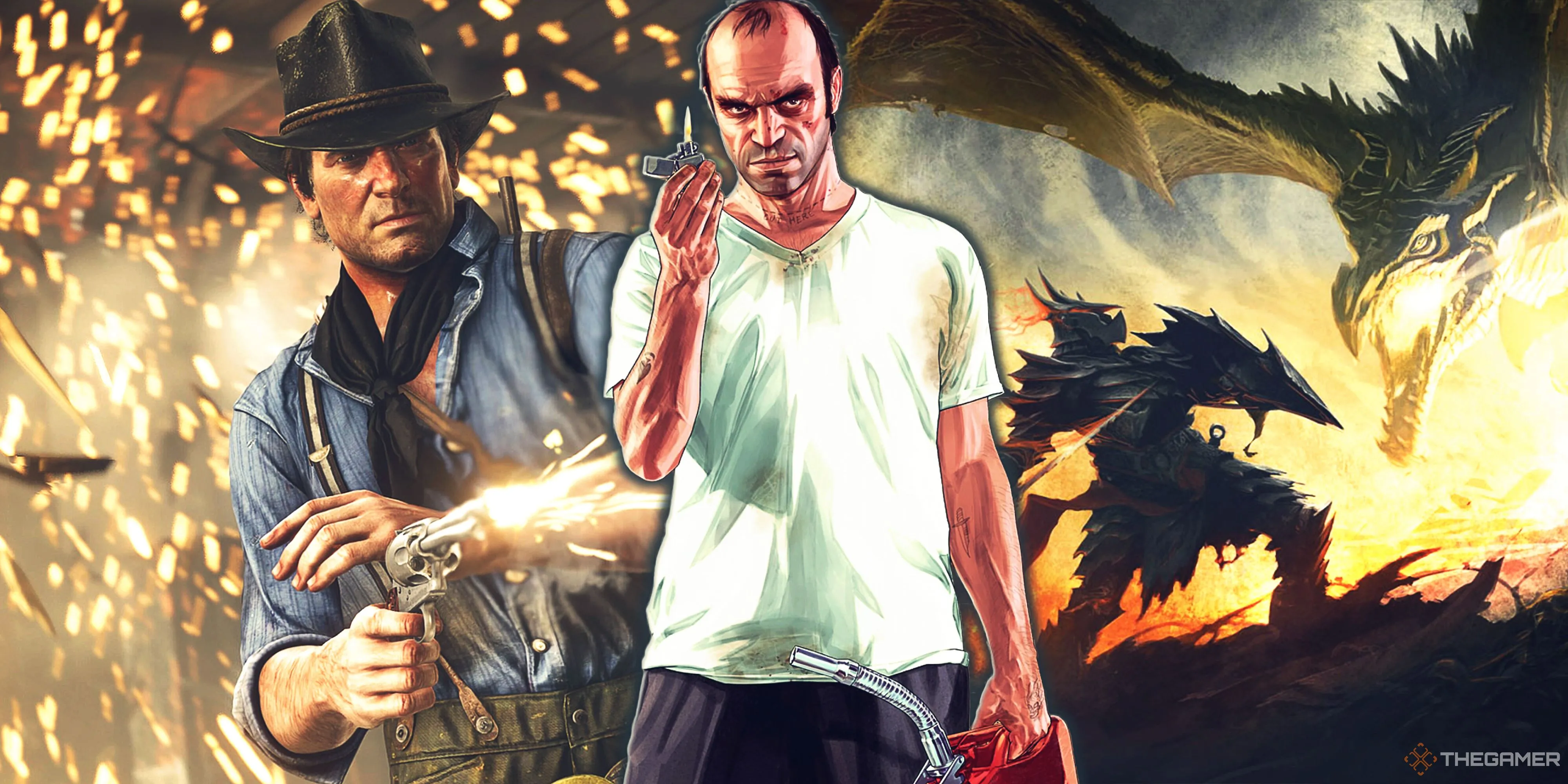 Red Dead Redemption 2, Grand Theft Auto 5 và Skyrim, những tựa game thế giới mở nơi game thủ có thể tự tạo ra thử thách phiêu lưu.