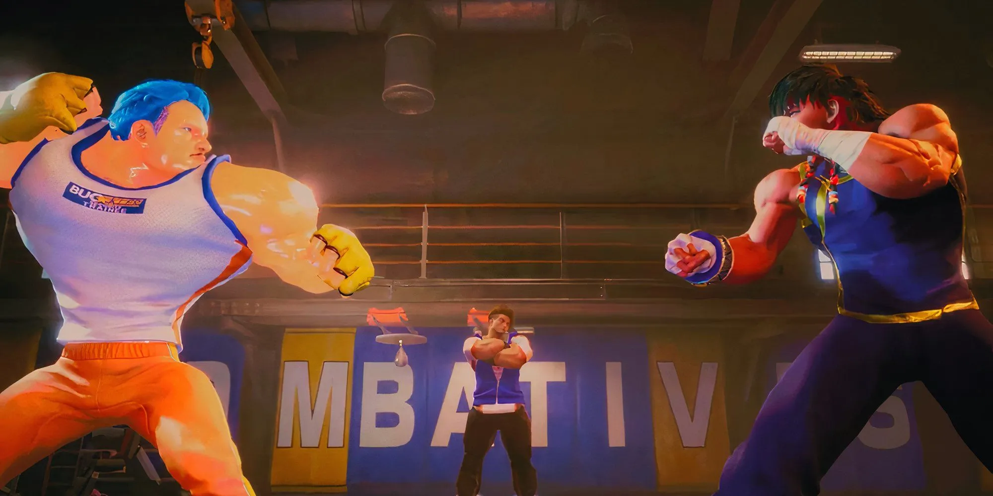 Sagat trong trận chiến mở màn của Street Fighter 6, thể hiện vóc dáng cơ bắp đặc trưng.