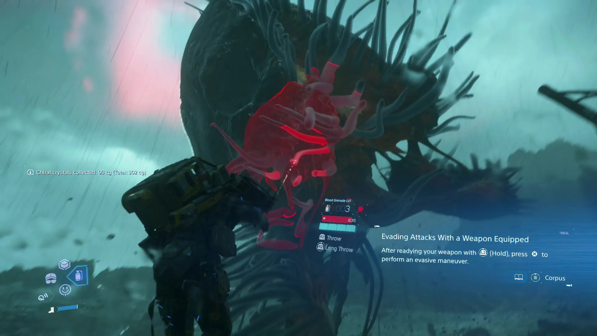 Sam Porter Bridges tấn công Giant BT bằng Blood Grenade trong Death Stranding 2