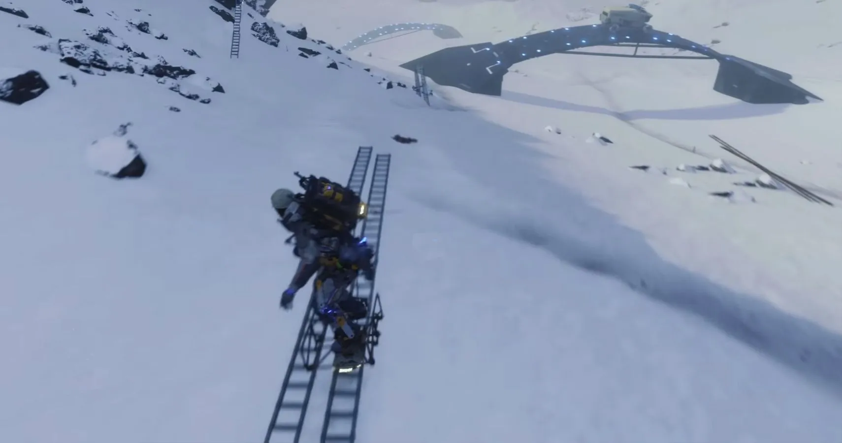 Sam Porter Bridges trượt tuyết (Snowboarding) trong Death Stranding, một kỹ năng đặc biệt