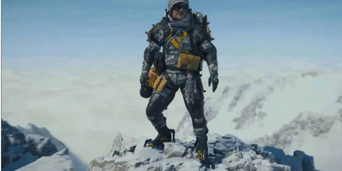 Sam trong bộ Squares Suit ngụy trang hiệu quả trên tuyết và đường nhựa Death Stranding 2