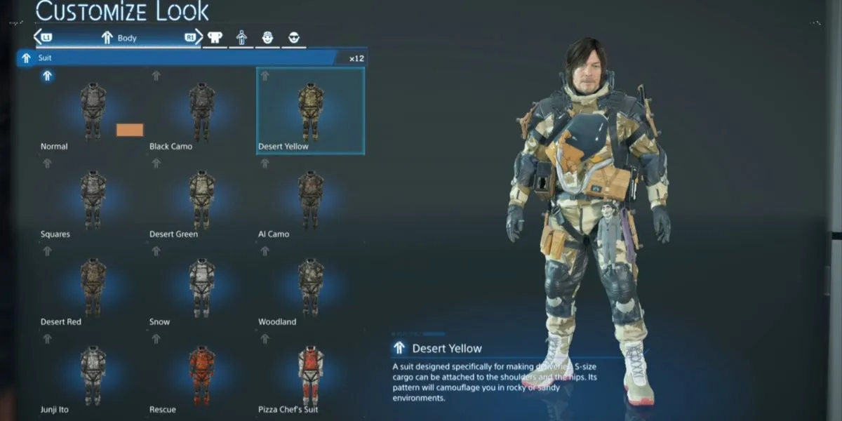 Sam với bộ Desert Yellow Suit tối ưu cho địa hình sa mạc khô cằn Death Stranding 2