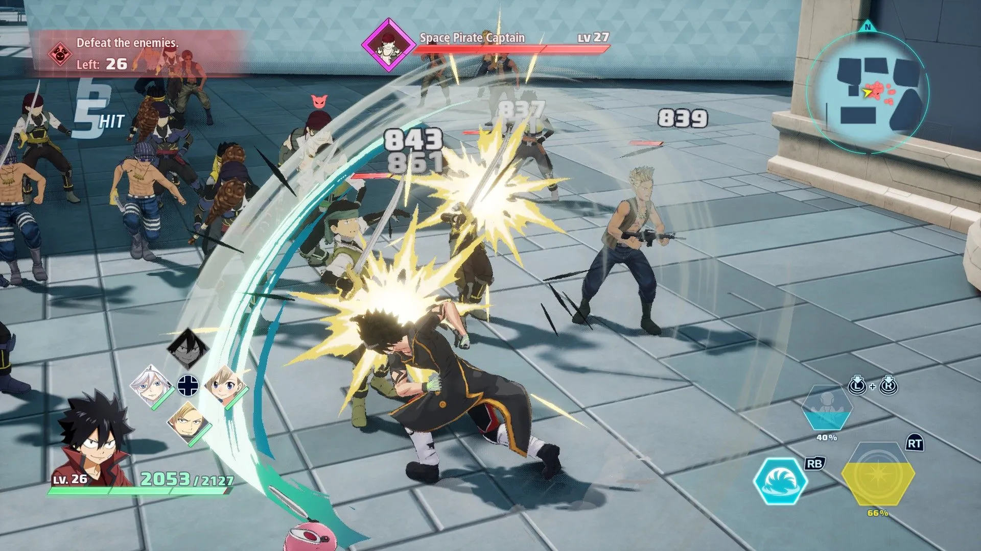 Shiki chiến đấu chống lại kẻ thù trong Edens Zero, thể hiện gameplay hành động và hiệu ứng Ether Gear
