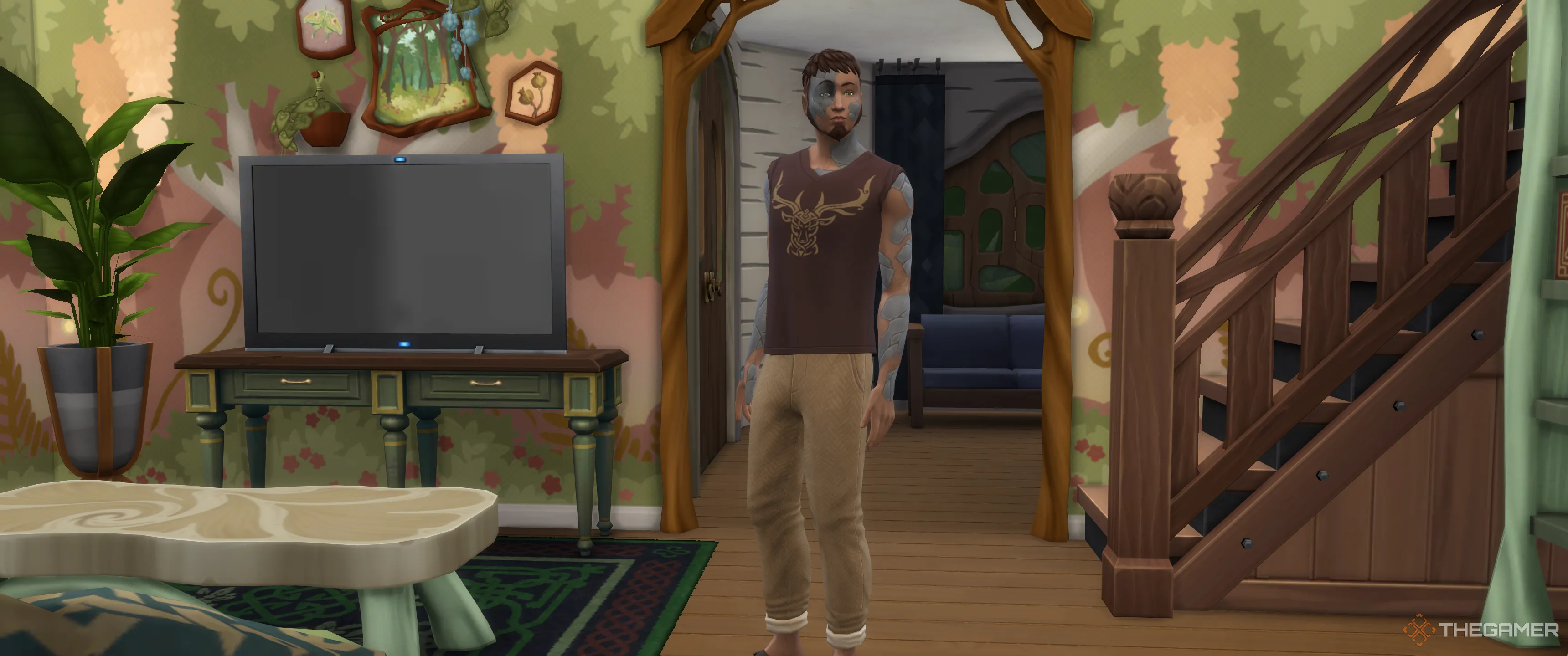 Sim bị ailment Hố Đen Cảm Xúc với làn da màu đá xám, ngồi trong phòng khách trong The Sims 4 Enchanted By Nature.