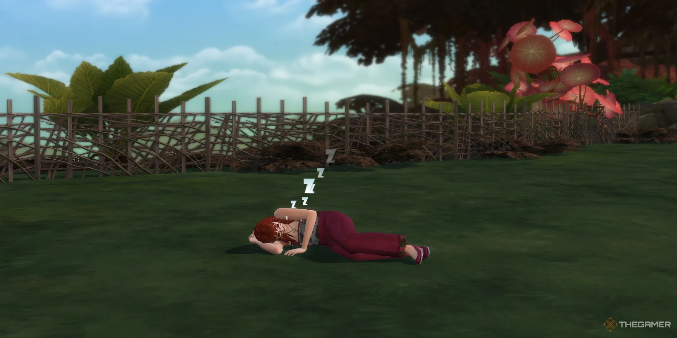 Sim đang ngủ trên sàn nhà, thể hiện kỹ năng Sống Thuận Tự Nhiên trong The Sims 4 Enchanted By Nature.