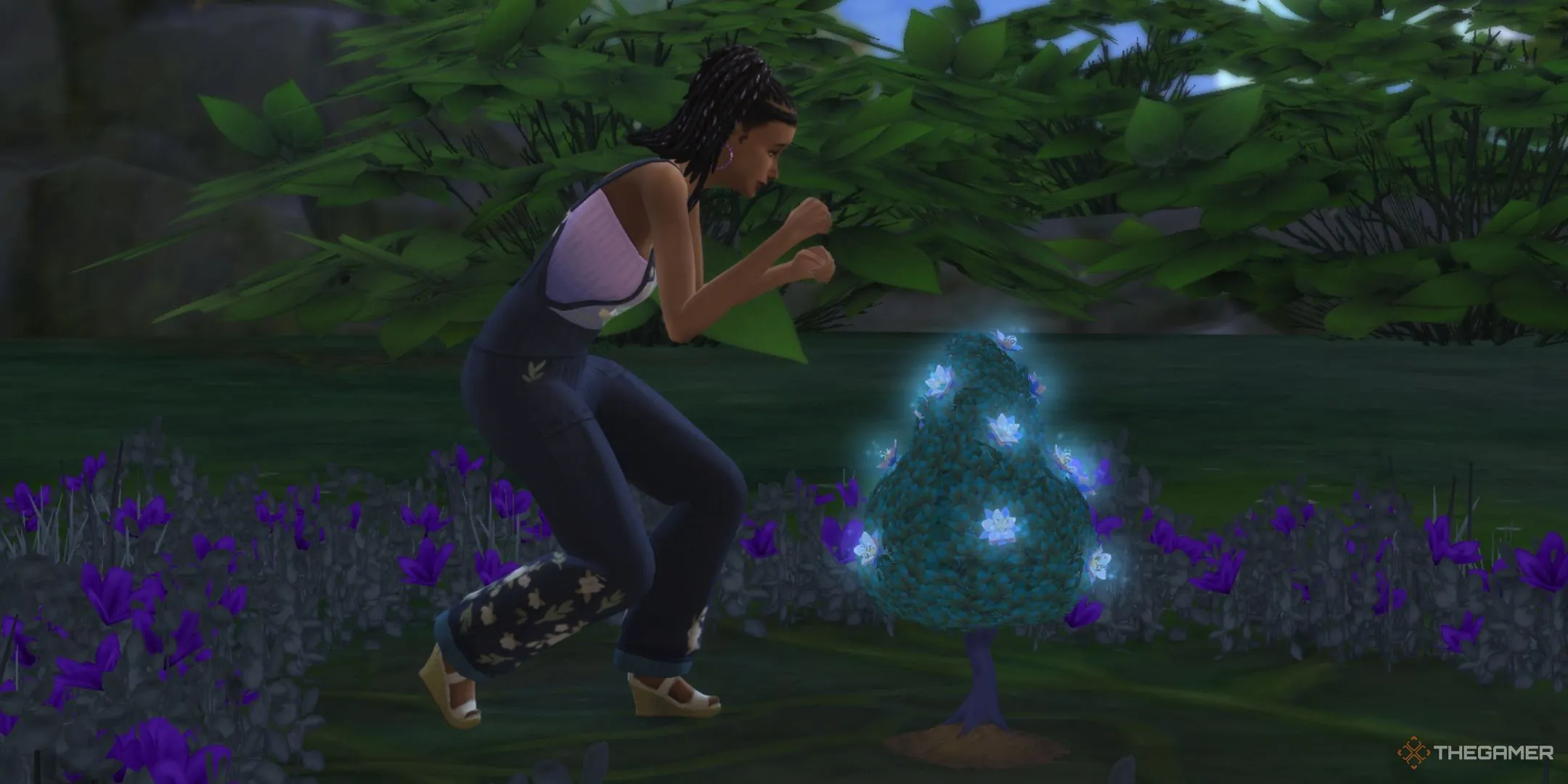 Sim đang thu thập Aura Petals ở Everdew, liên quan đến đặc điểm mới trong The Sims 4 Enchanted By Nature.