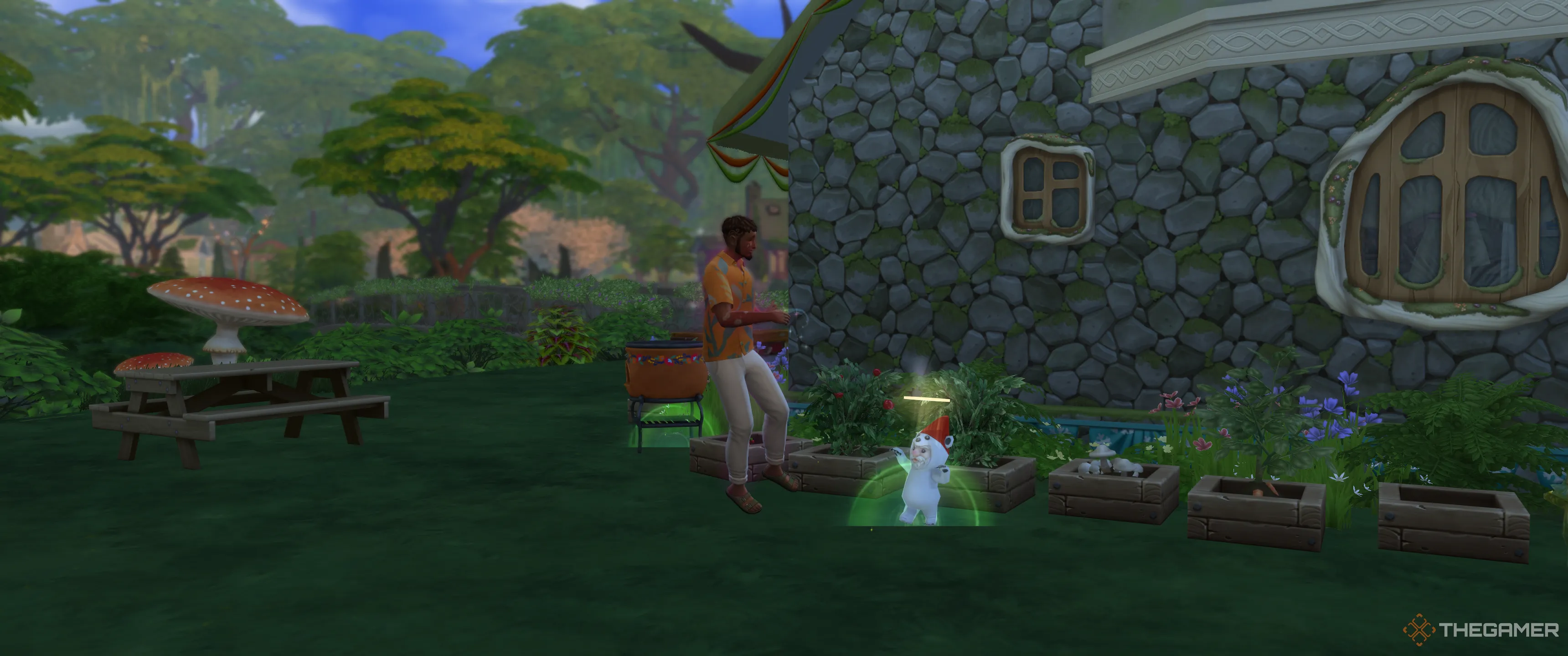 Sim tương tác với Gnome, dấu hiệu của ailment Sức Hút Gnome trong The Sims 4 Enchanted By Nature.