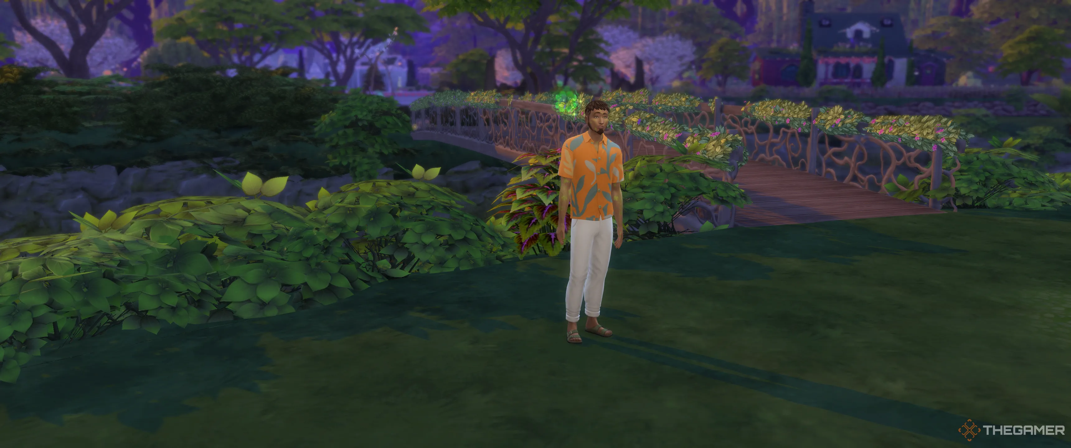 Sim với các biểu tượng cỏ ba lá, bị ailment Nam Châm May Mắn đang đứng trong vườn nhà ở The Sims 4.