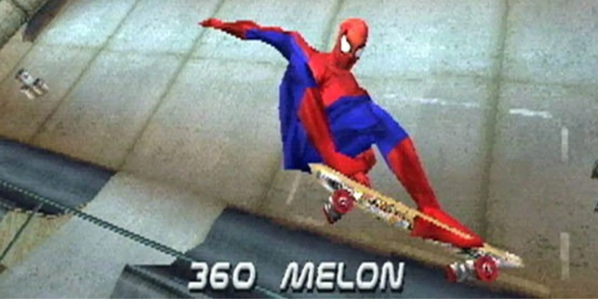 Spider-Man thực hiện một cú grab trick trên half pipe trong Tony Hawk's Pro Skater 2