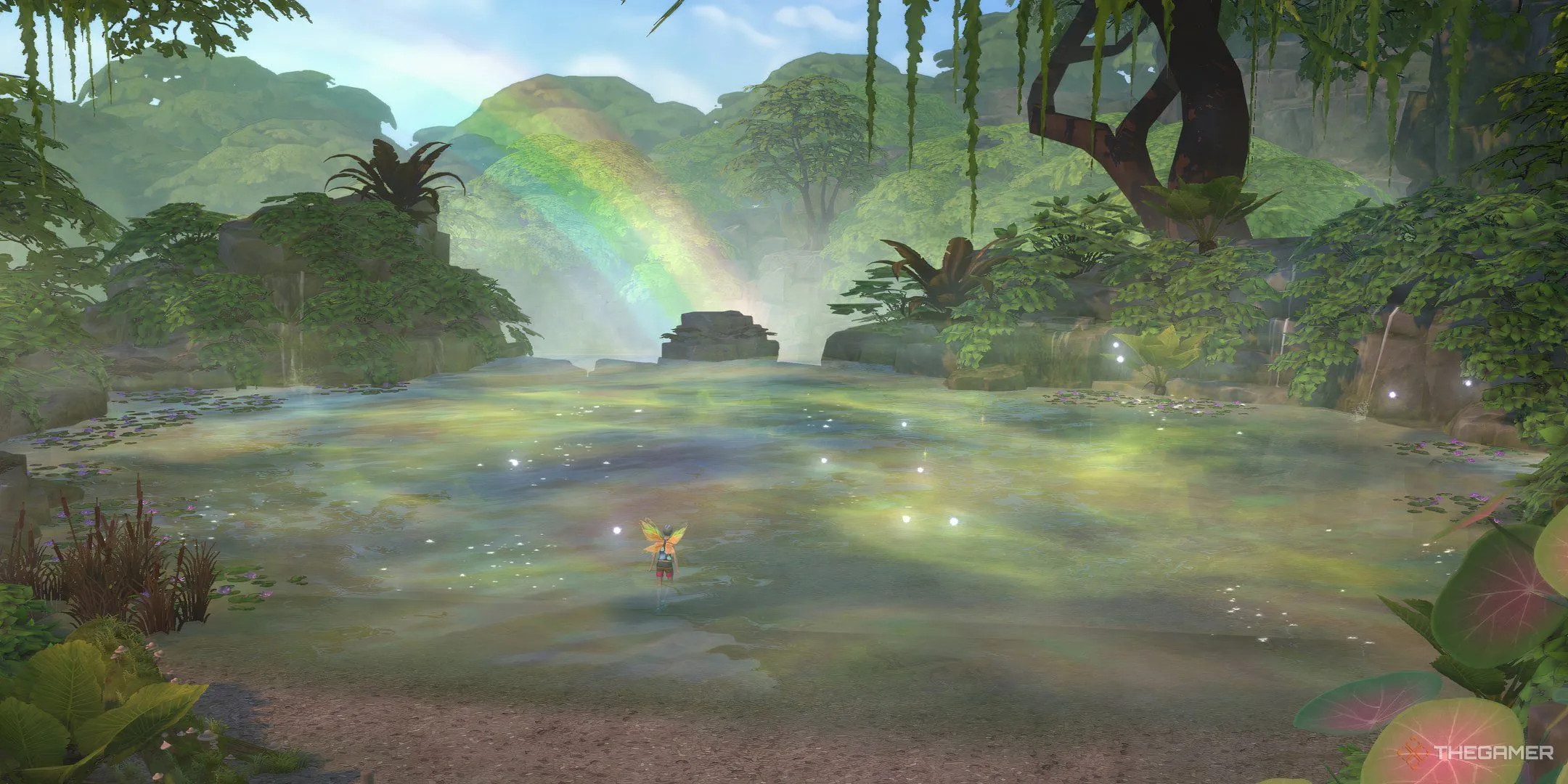 Suối Moondrop với cầu vồng phía sau ở Everdew trong The Sims 4 Enchanted By Nature.