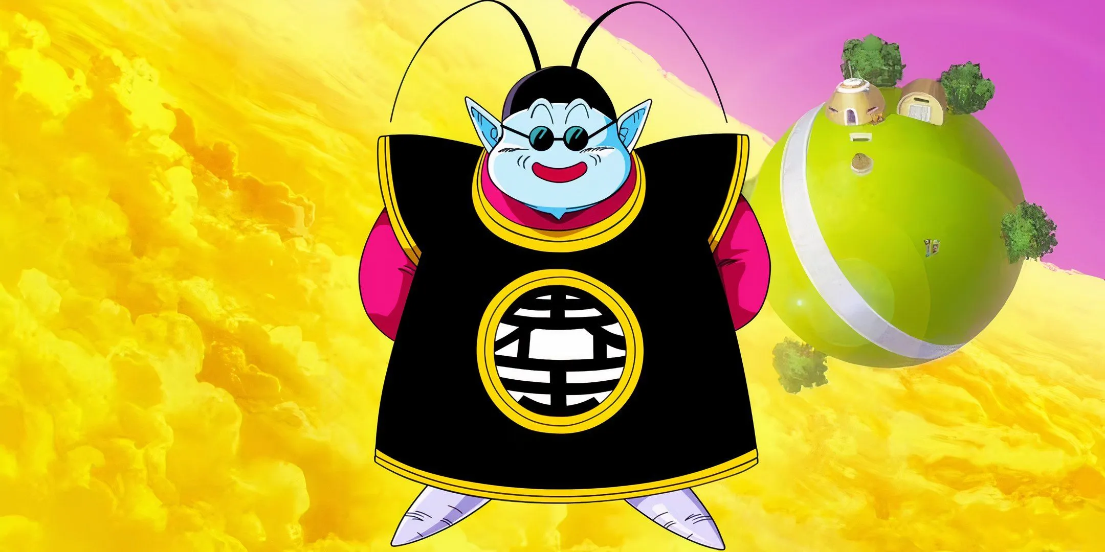 Thần Vũ Trụ King Kai mỉm cười trước hành tinh nhỏ của mình trong Dragon Ball Z.