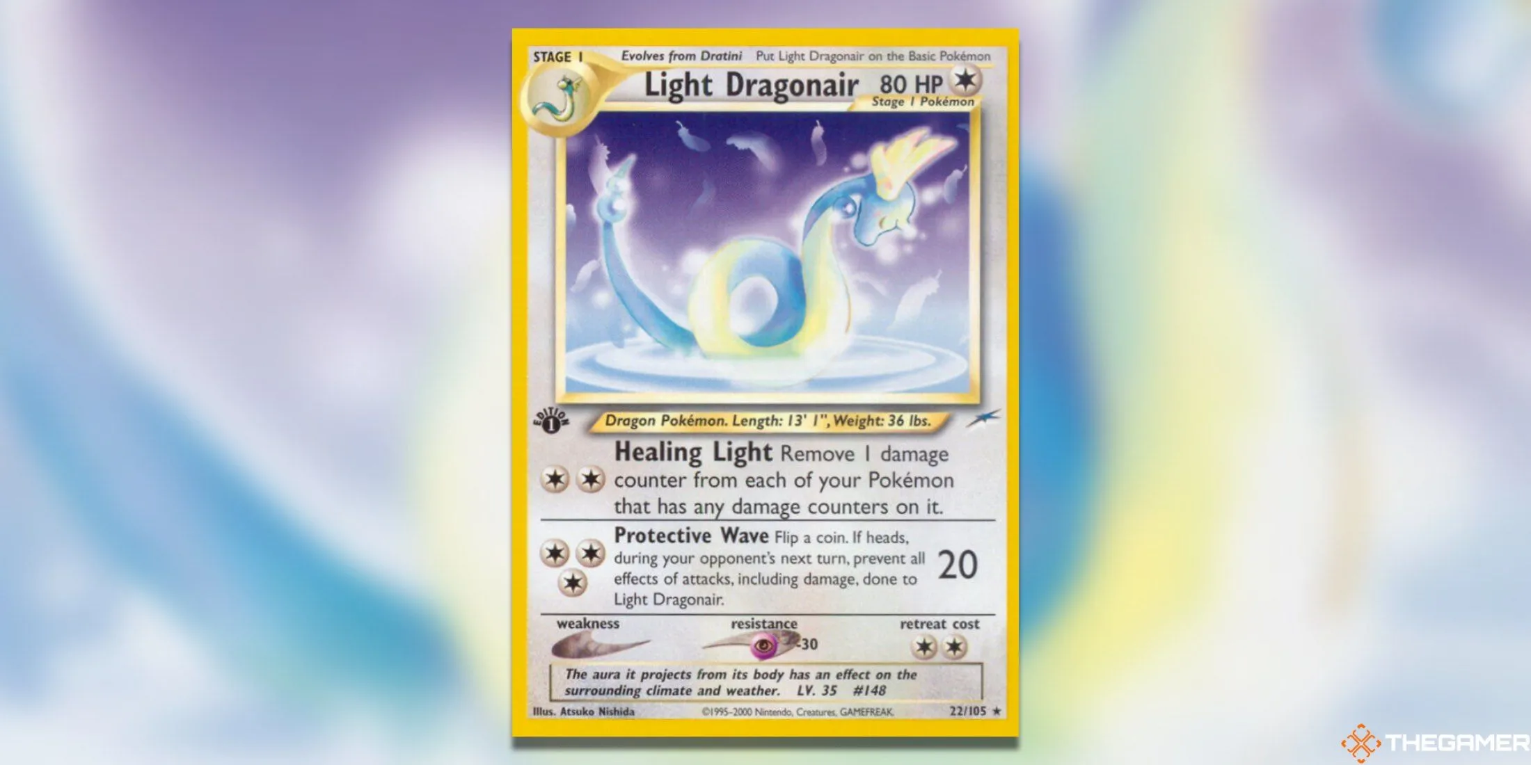 Thẻ bài Light Dragonair từ bộ Pokemon TCG Neo Destiny, thể hiện Dragonair đang sử dụng chiêu thức.