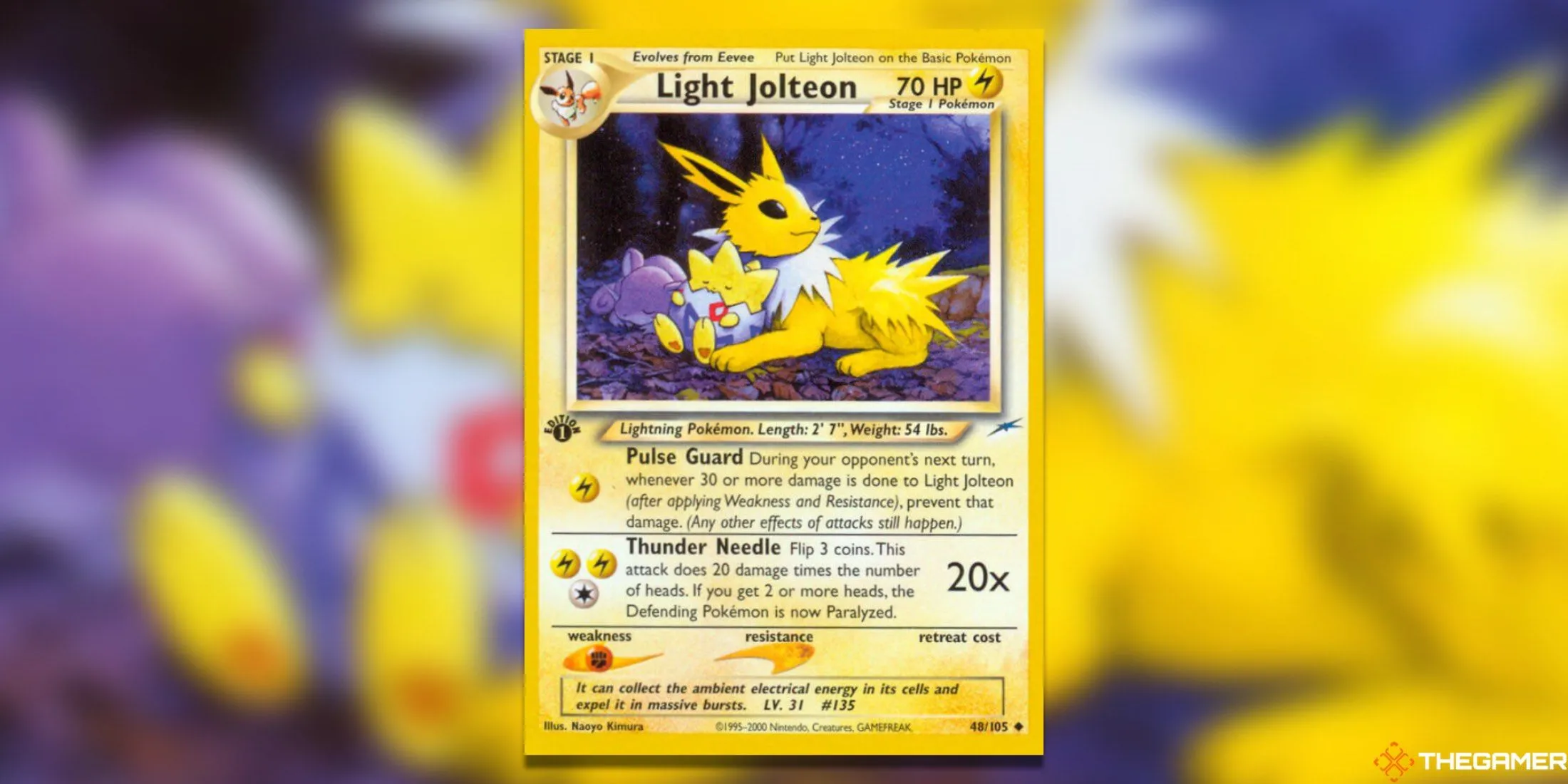 Thẻ bài Light Jolteon quý hiếm từ bộ Neo Destiny, có sự xuất hiện của Togepi đáng yêu.