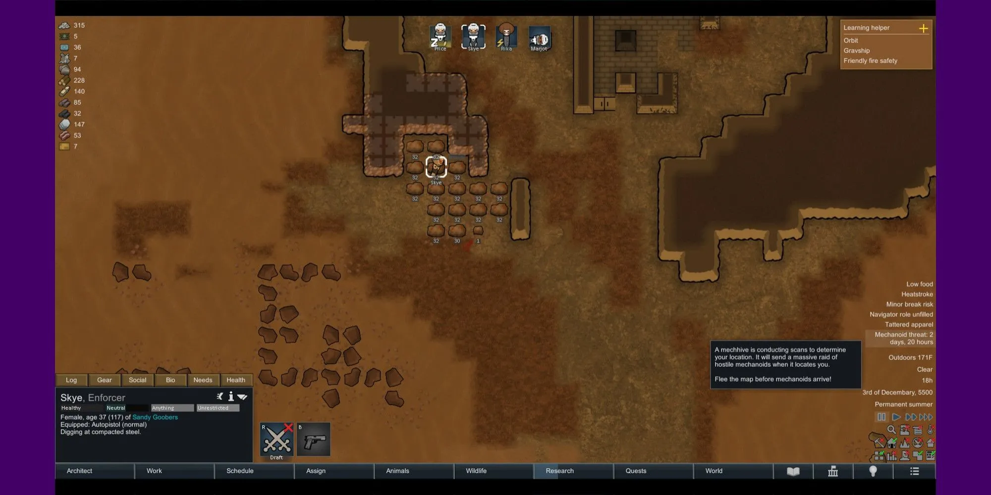 Thuộc địa RimWorld khai thác thép từ Hex trong khi nhận cảnh báo về Mechanoid