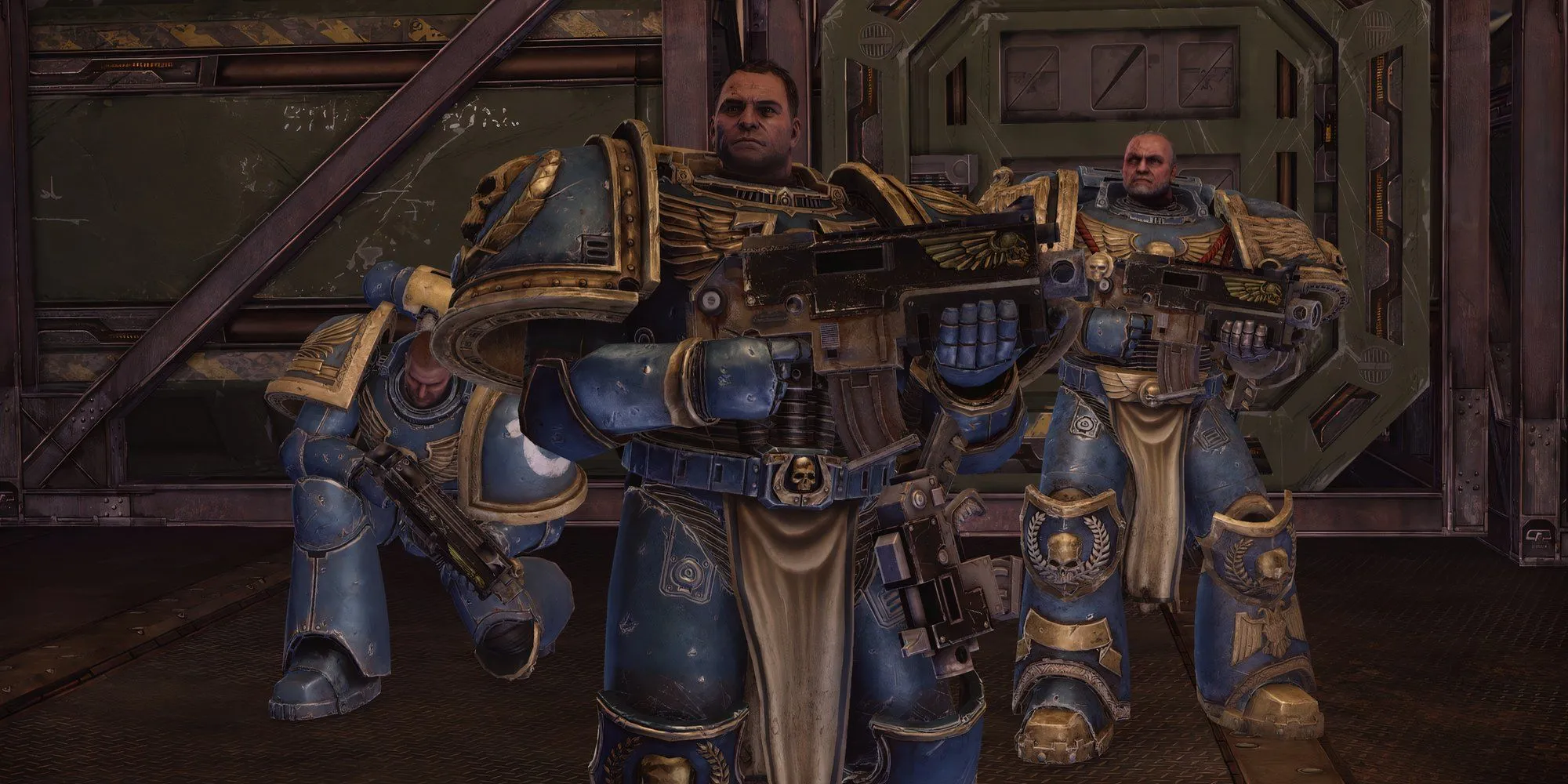 Titus, Sidonus và Leandros trong phân cảnh game Warhammer 40,000: Space Marine Master Crafted Edition