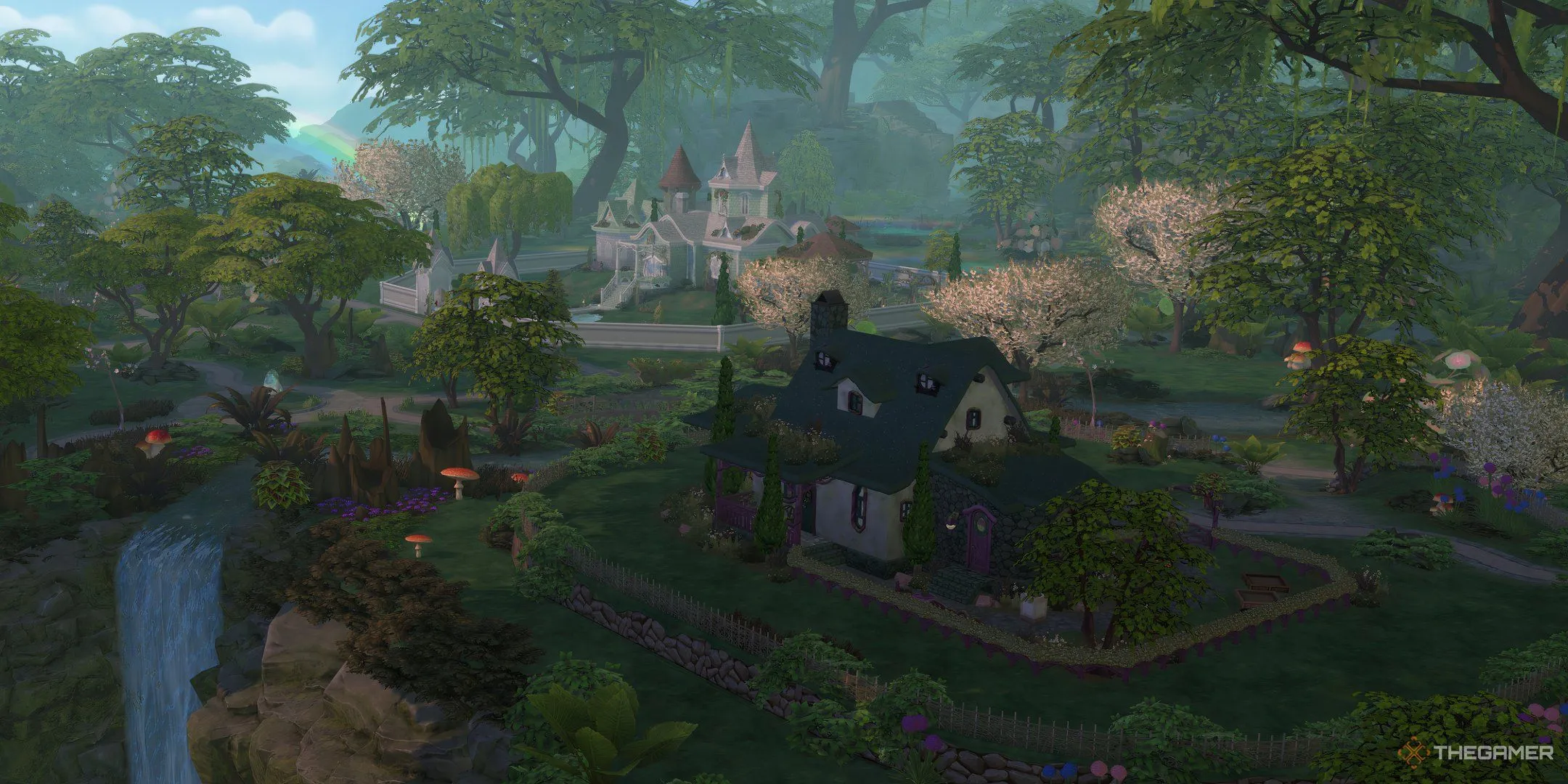 Toàn cảnh các tòa nhà ở Everdew trong The Sims 4 Enchanted By Nature.