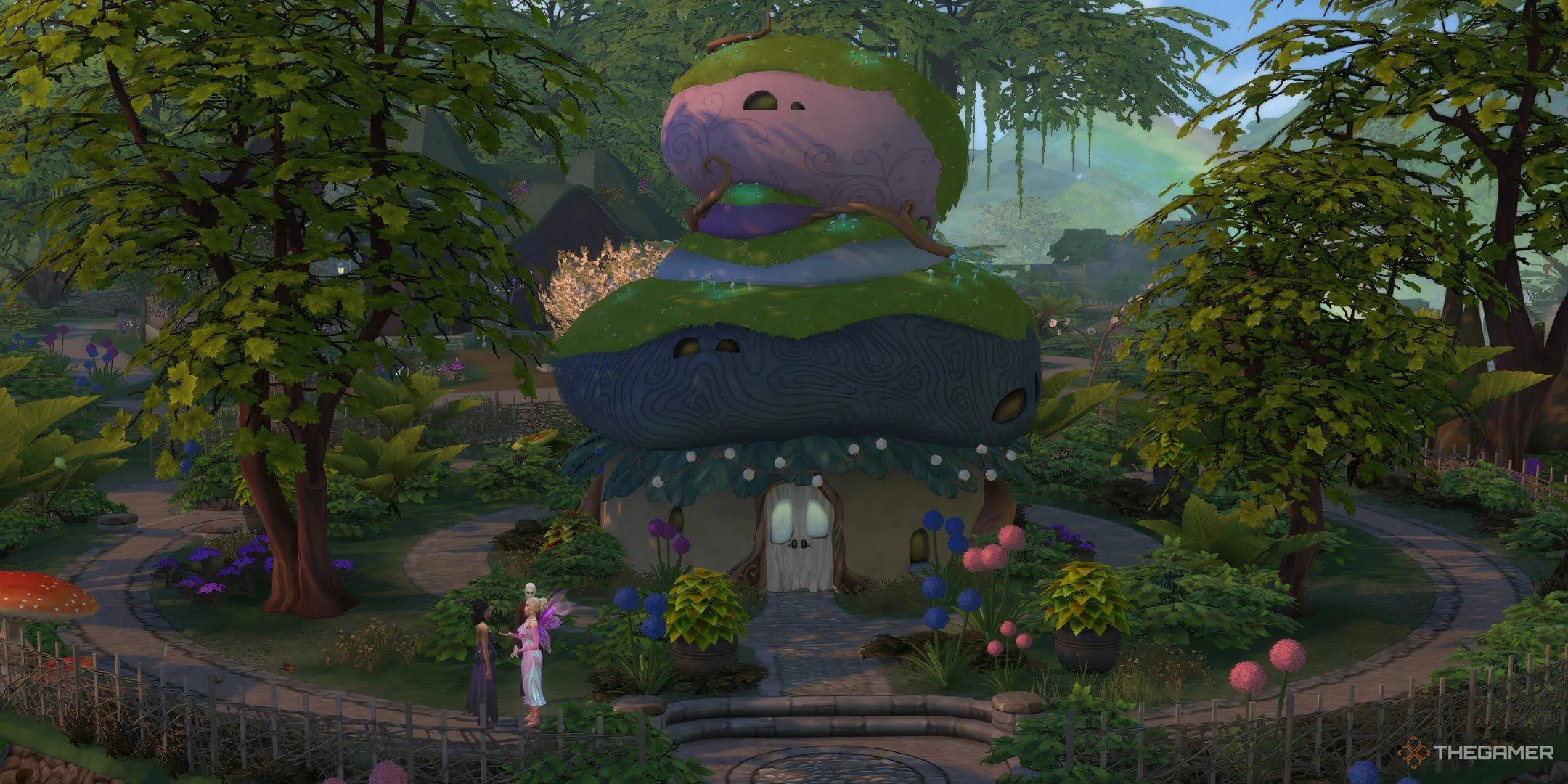 Trung tâm tiên Mossveil Fairy Hub được bao quanh bởi con đường tròn ở Everdew trong The Sims 4 Enchanted By Nature.