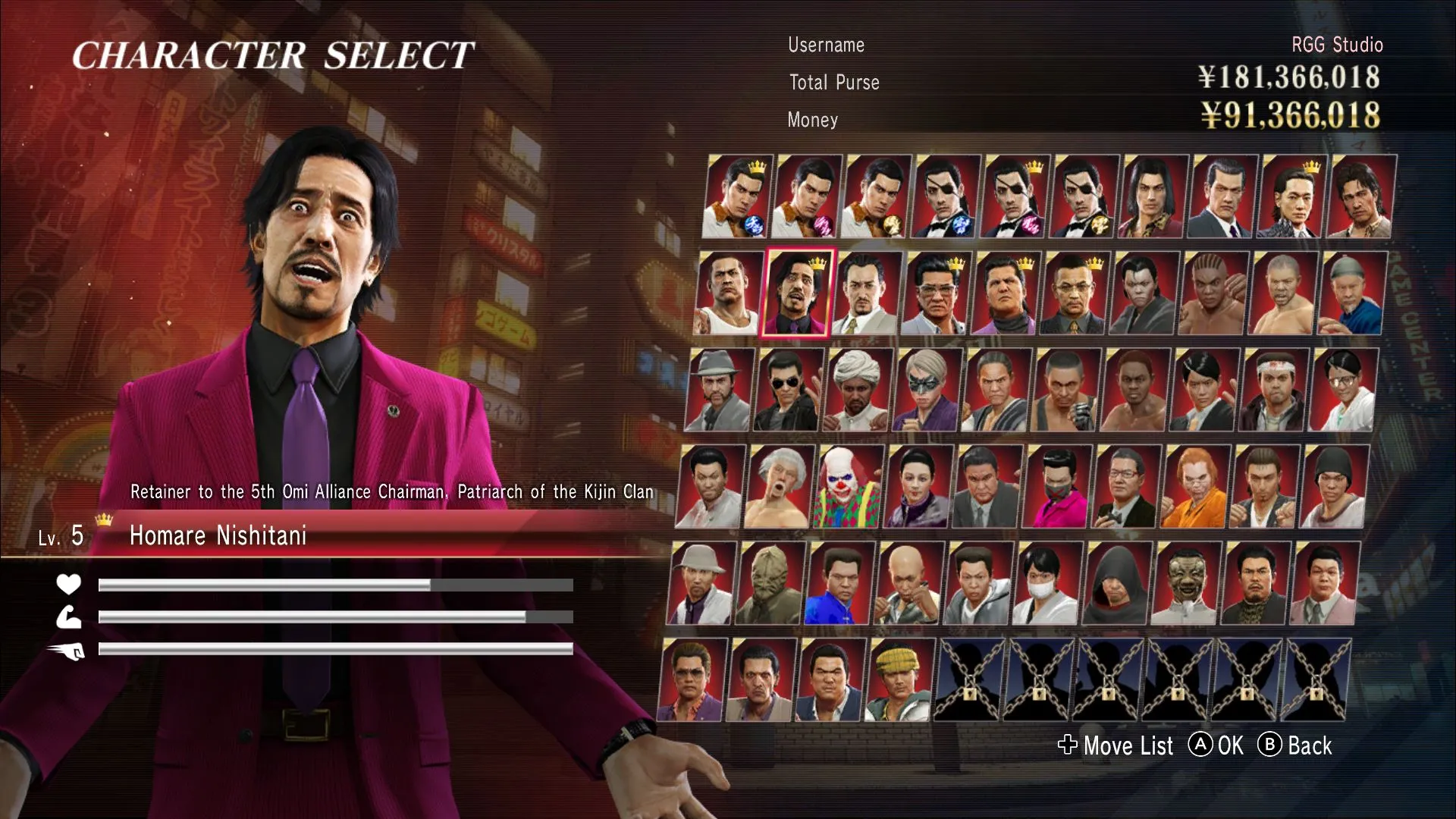 Tuyển chọn nhân vật trong chế độ Red Light Raid của Yakuza 0 Director’s Cut.