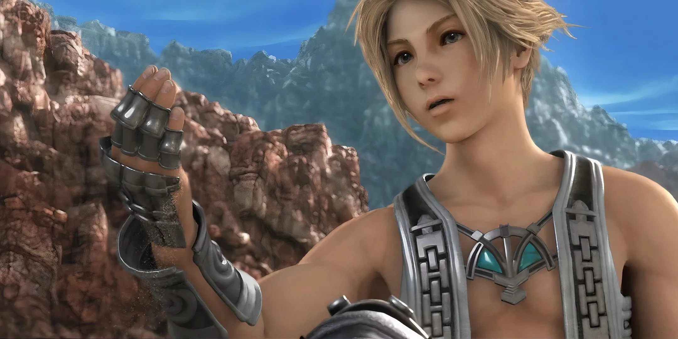 Vaan giơ tay phải lên một cách nghi vấn trước một phông nền đá trong Final Fantasy 12.