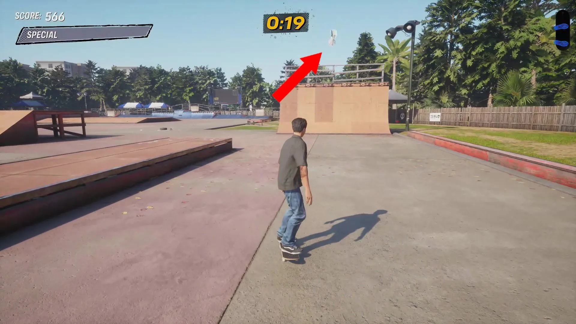 Vị trí chồng Tiền Mặt đầu tiên trên dốc phía đông khu vực xuất phát ở Kona trong Tony Hawk's Pro Skater 3 + 4.