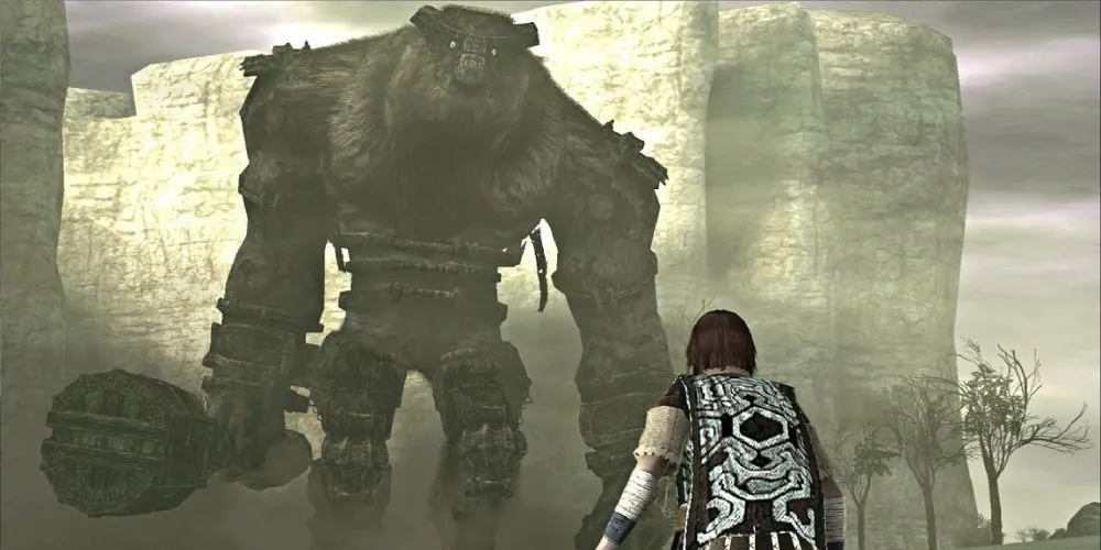 Wander đối mặt với Colossus đầu tiên, Valus, trong Shadow of the Colossus, tượng trưng cho hành trình đơn độc chống lại những gã khổng lồ.