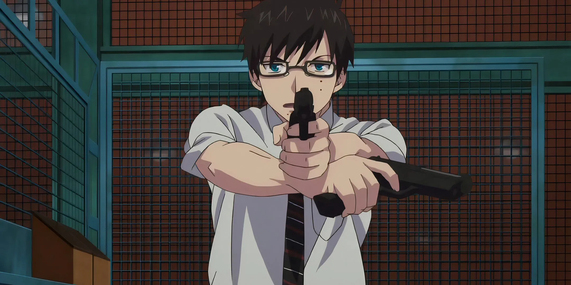 Yukio Okumura trong Blue Exorcist với hai khẩu súng, sẵn sàng chiến đấu chống quỷ.