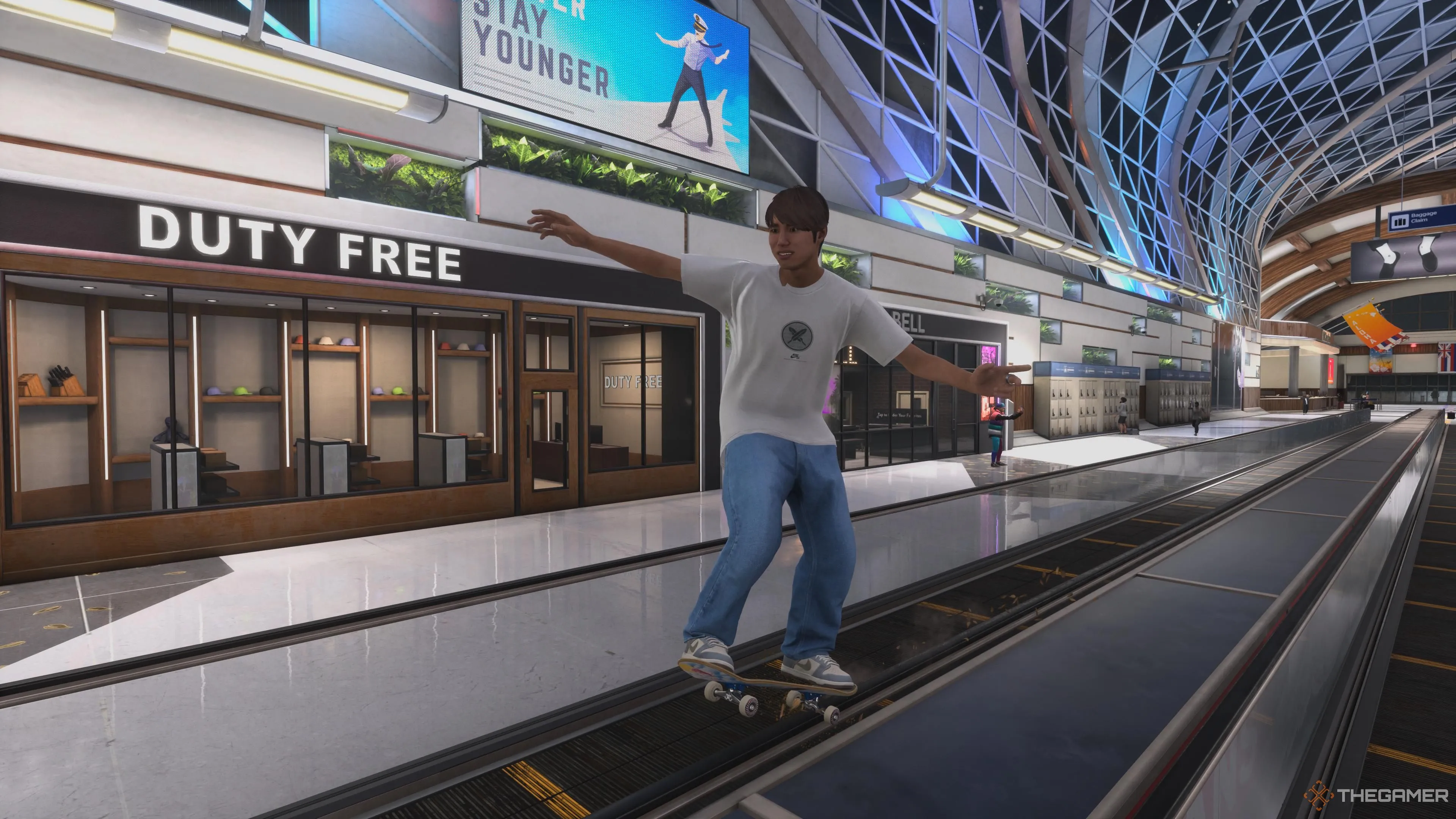Yuto Horigome thực hiện cú Grind trên đường ray trong bản đồ Sân bay của Tony Hawk's Pro Skater 3+4