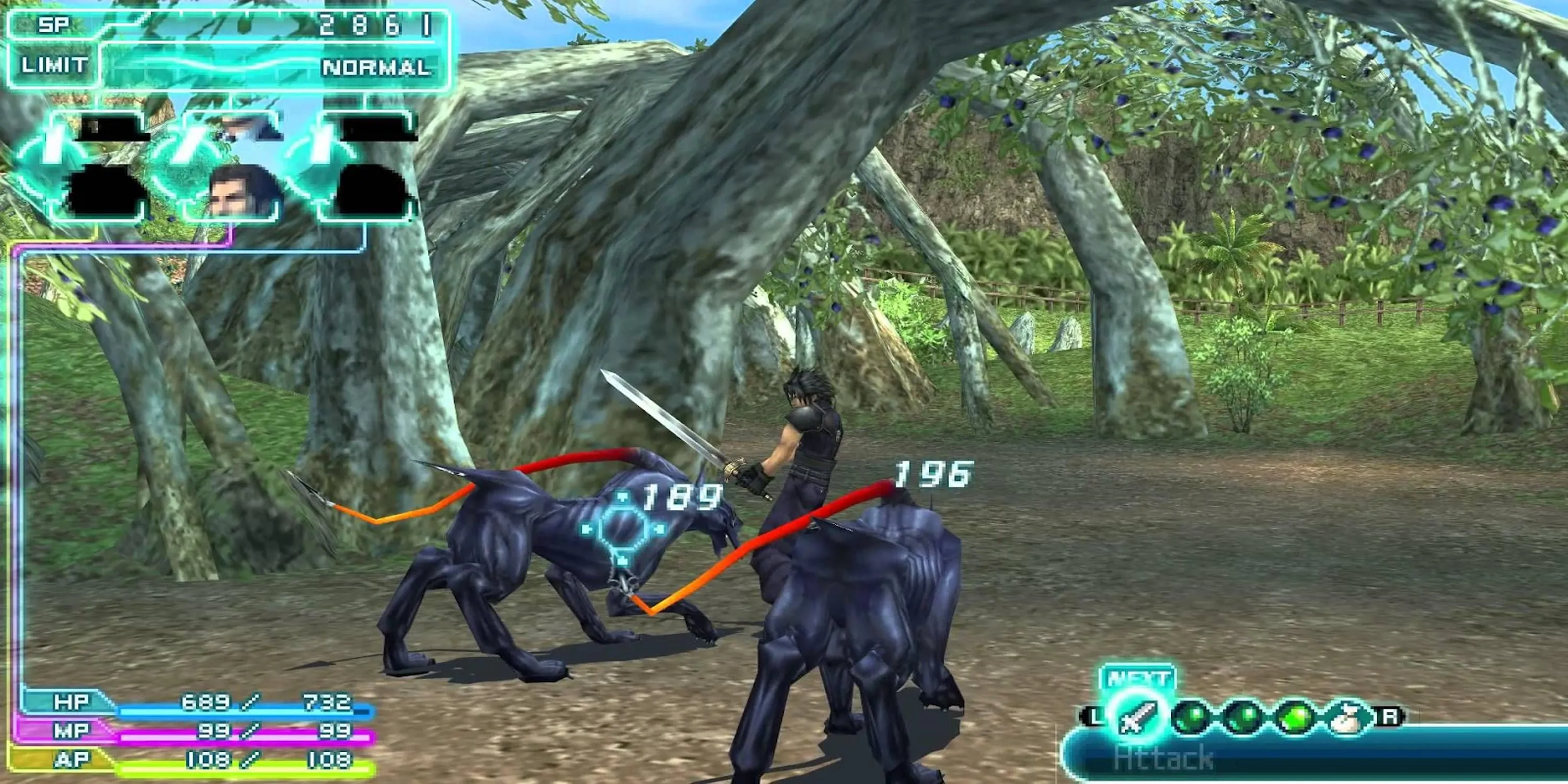 Zack Fair đối đầu với quái vật trong Crisis Core: Final Fantasy VII trên PSP, thể hiện đồ họa và hệ thống chiến đấu action-RPG tiên tiến.