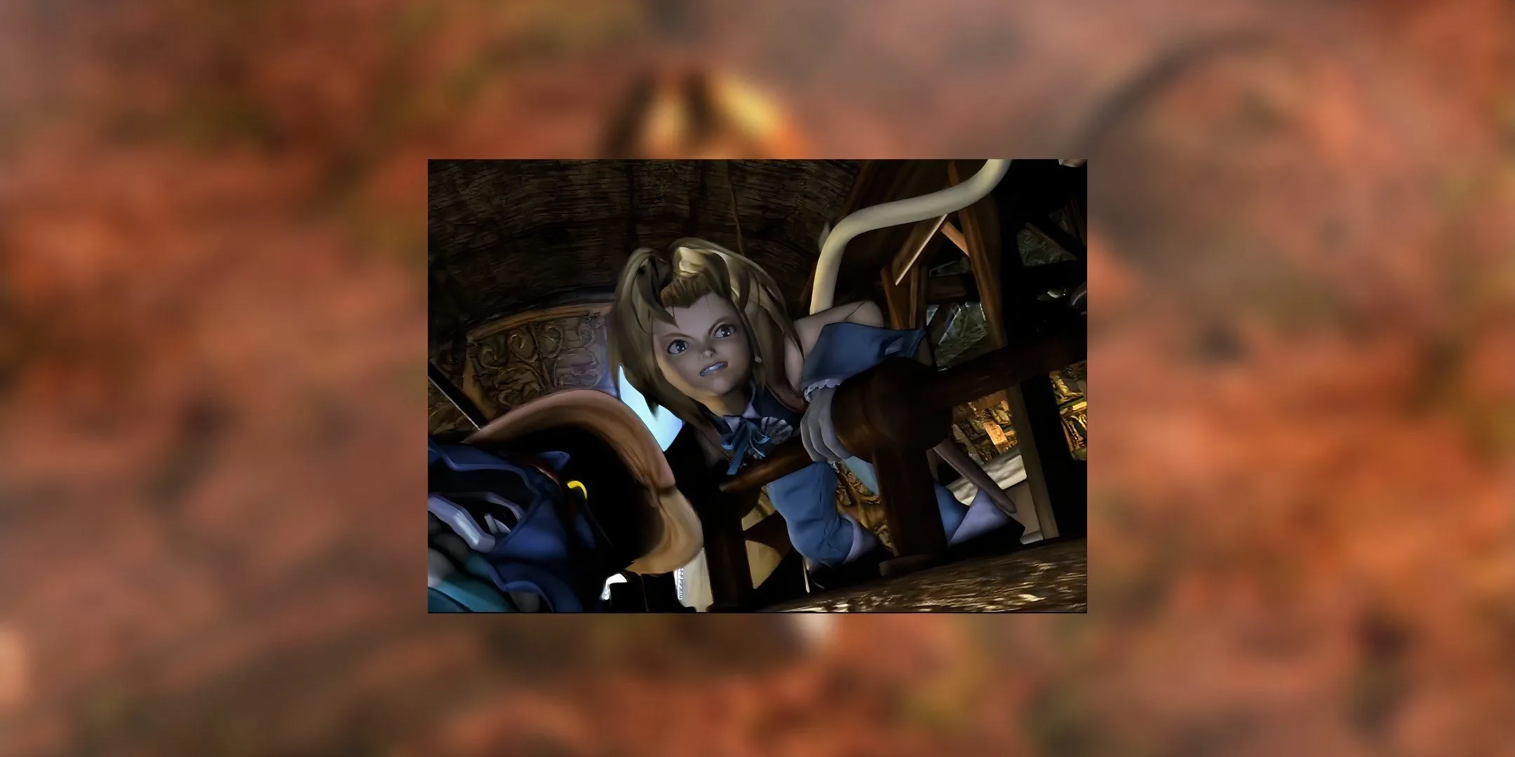 Zidane bám vào lan can gỗ trong Final Fantasy 9.