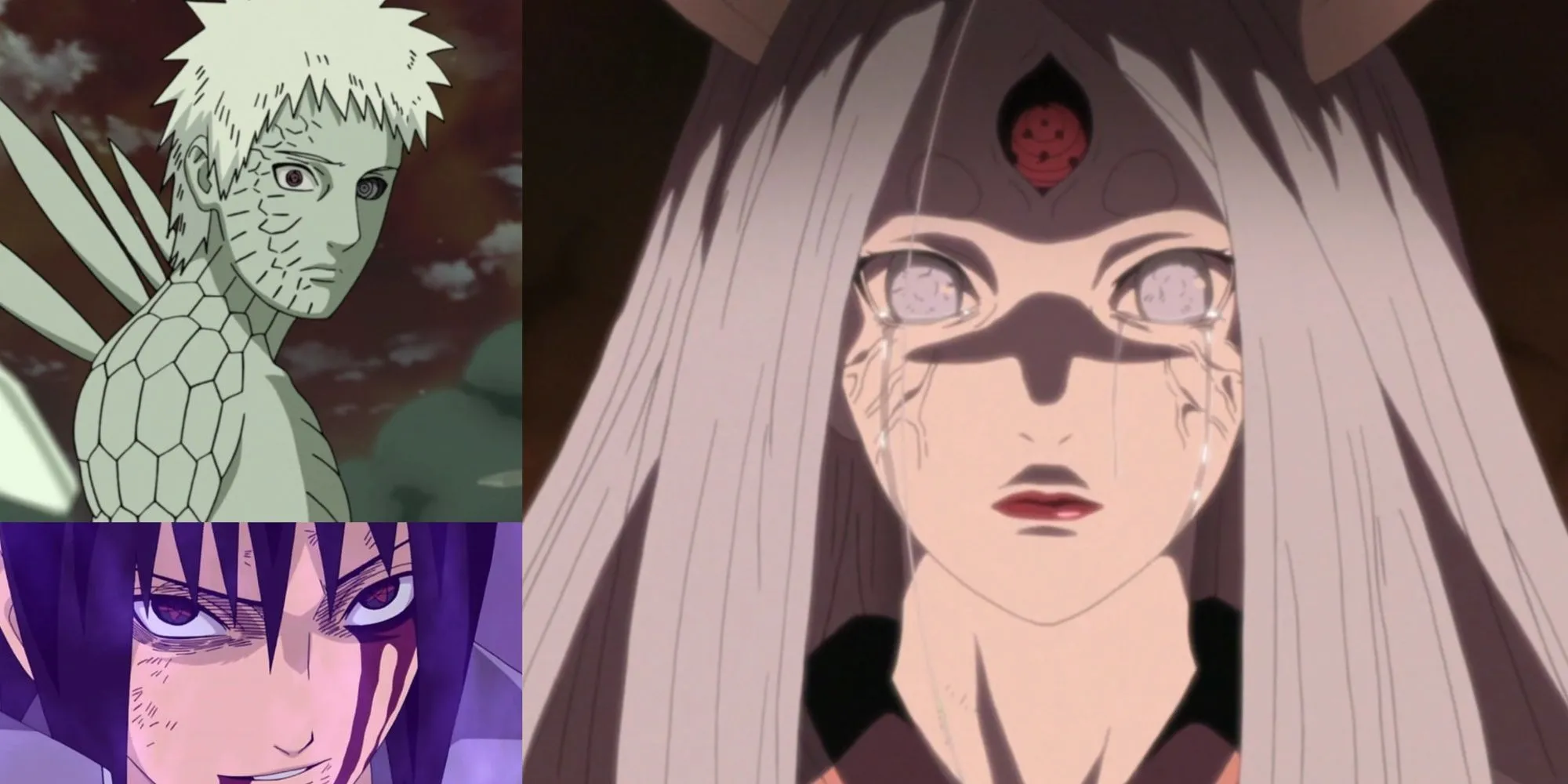 ảnh ghép các nhân vật mạnh mẽ sử dụng Dojutsu trong Naruto, bao gồm Obito, Sasuke và Kaguya