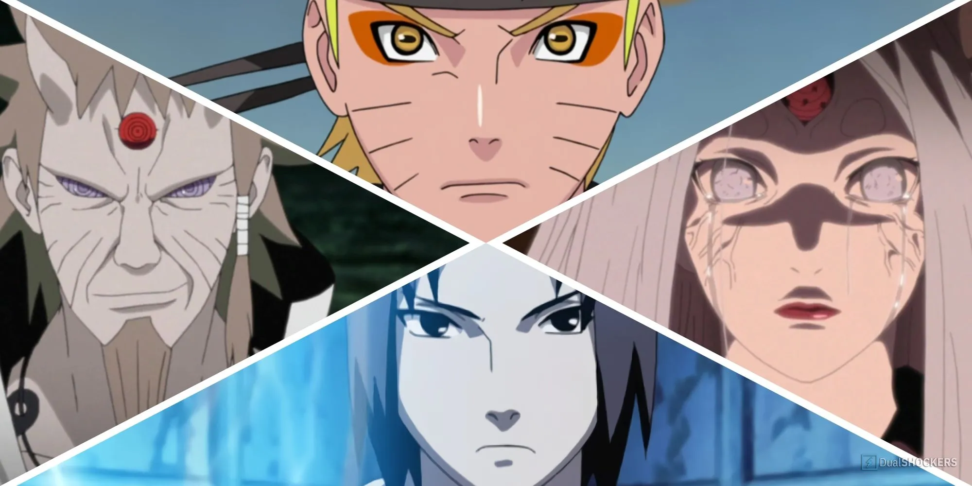 ảnh ghép các nhân vật mạnh nhất vũ trụ Naruto, bao gồm Naruto, Sasuke, Hagoromo và Kaguya