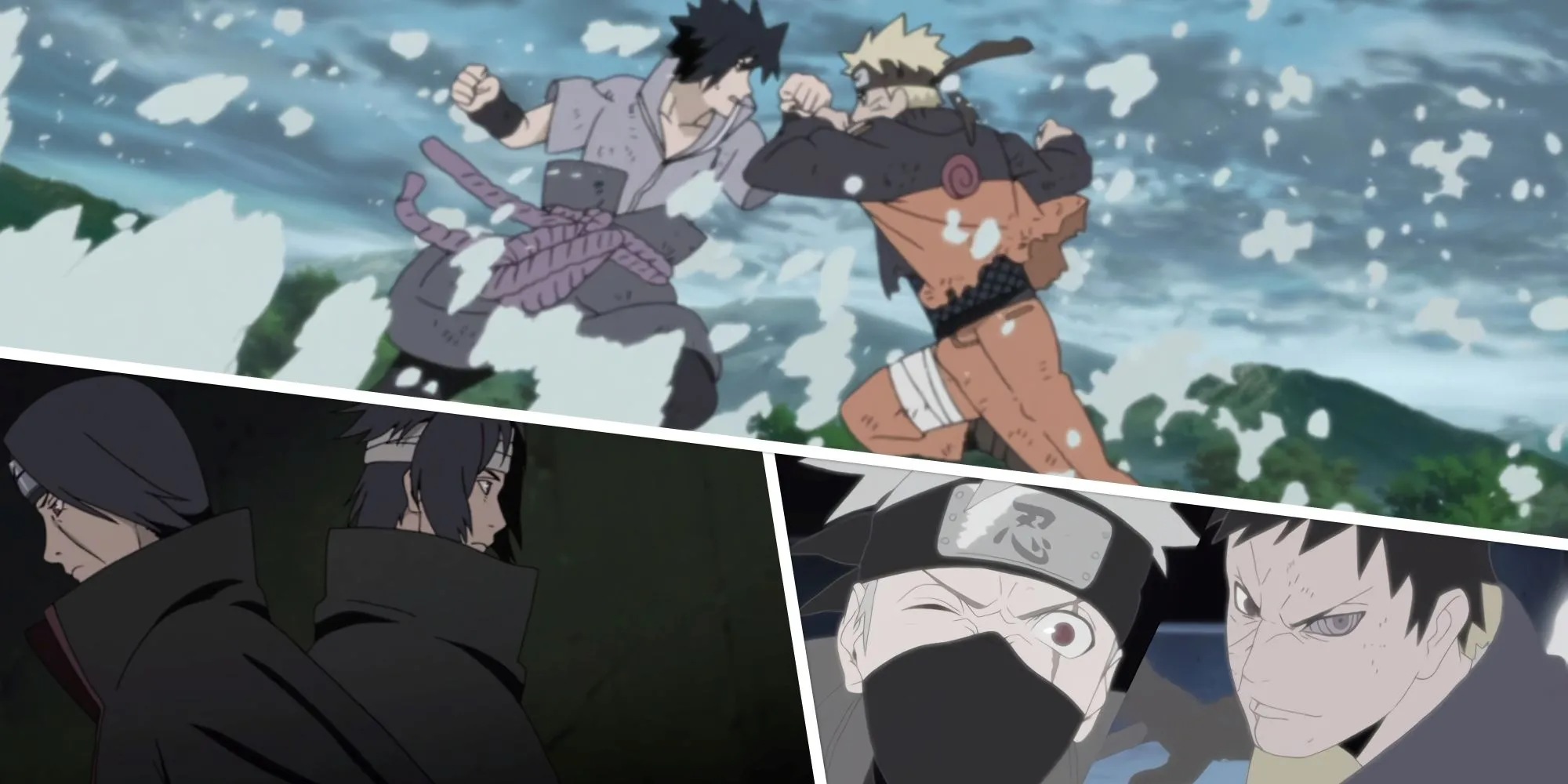 ảnh ghép các trận chiến huyền thoại trong Naruto, bao gồm Naruto vs Sasuke và Sasuke vs Itachi