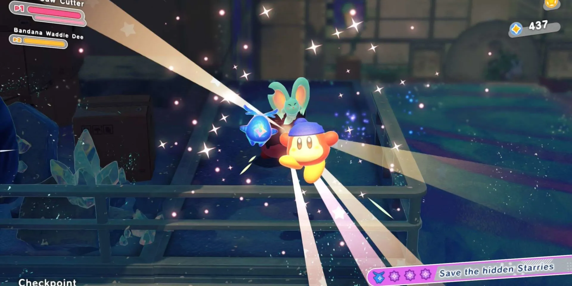 Bandana Dee giải cứu một Starry, cảnh tượng quen thuộc trong hành trình khám phá thế giới của Kirby: Star-Crossed World