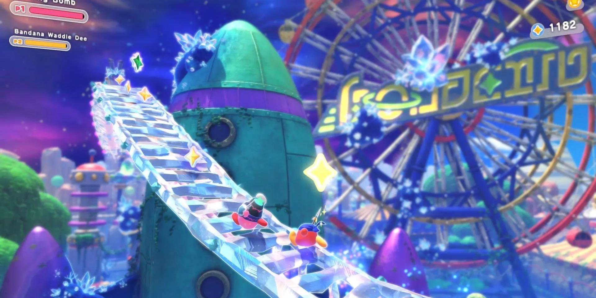 Bánh xe Ferris khổng lồ, một cấu trúc nổi bật với phong cách mơ mộng trong Kirby: Star-Crossed World