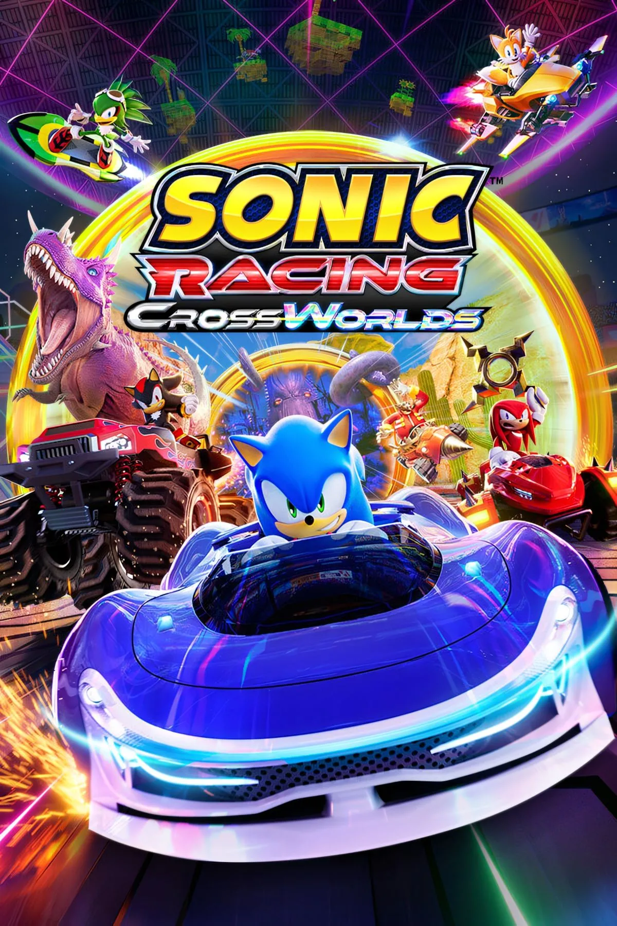 Bìa game chính thức của Sonic Racing: CrossWorlds, giới thiệu các nhân vật biểu tượng và tinh thần đua xe sôi động.