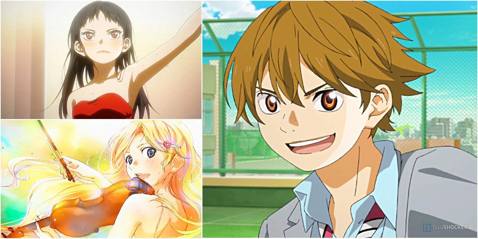 Bộ ba nhân vật chủ chốt Emi, Kaori và Kousei trong Your Lie in April, với âm nhạc là sợi dây kết nối.