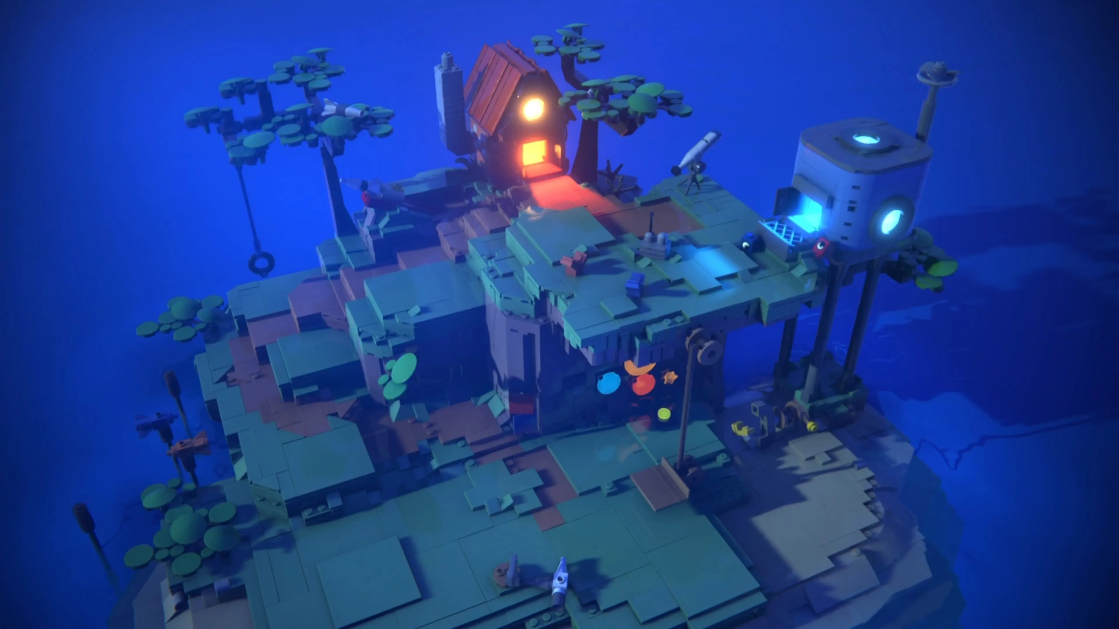 Căn nhà của Red và Blue trong LEGO Voyagers sáng đèn, báo hiệu đã đến lúc đi vào.